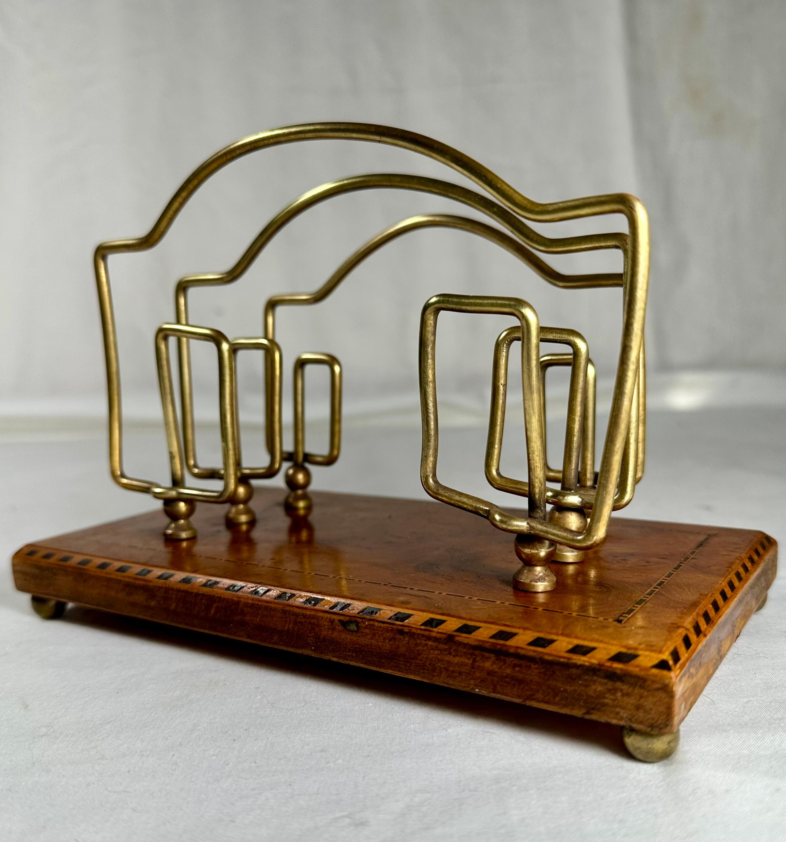 Art Deco Brass Birdseye Maple Marquetry Desk Letter Holder. For Sale 3