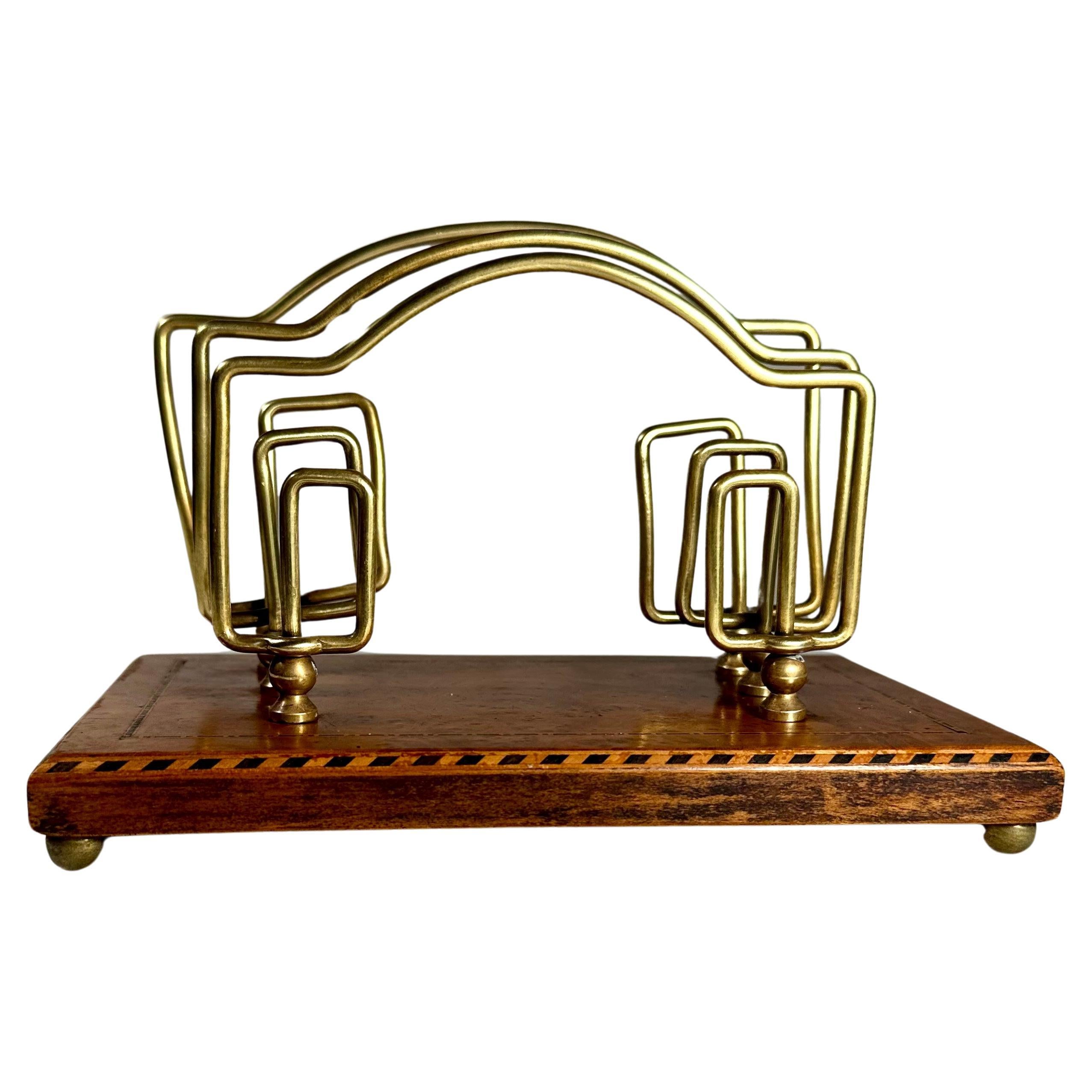 Art Deco Brass Birdseye Maple Marquetry Desk Letter Holder. For Sale