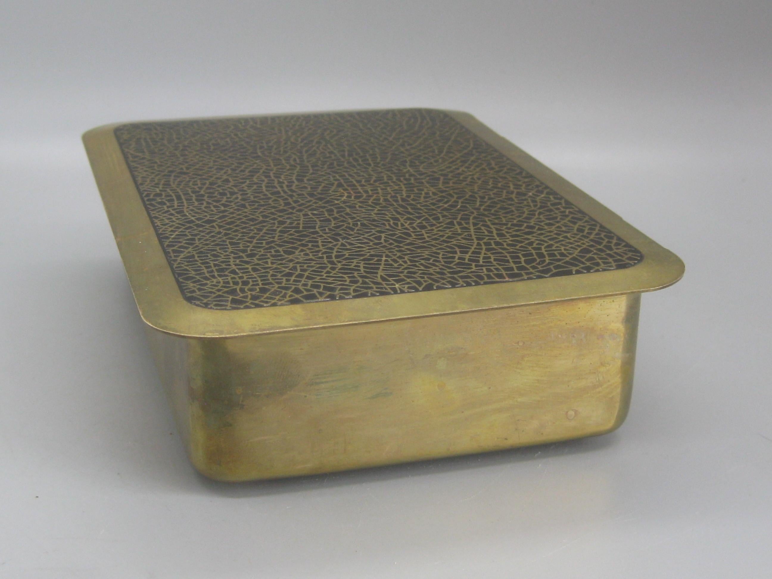 Art Deco Brass & Black Enamel Desk Stash Jewelry Trinket Box w/Wood Liner 7