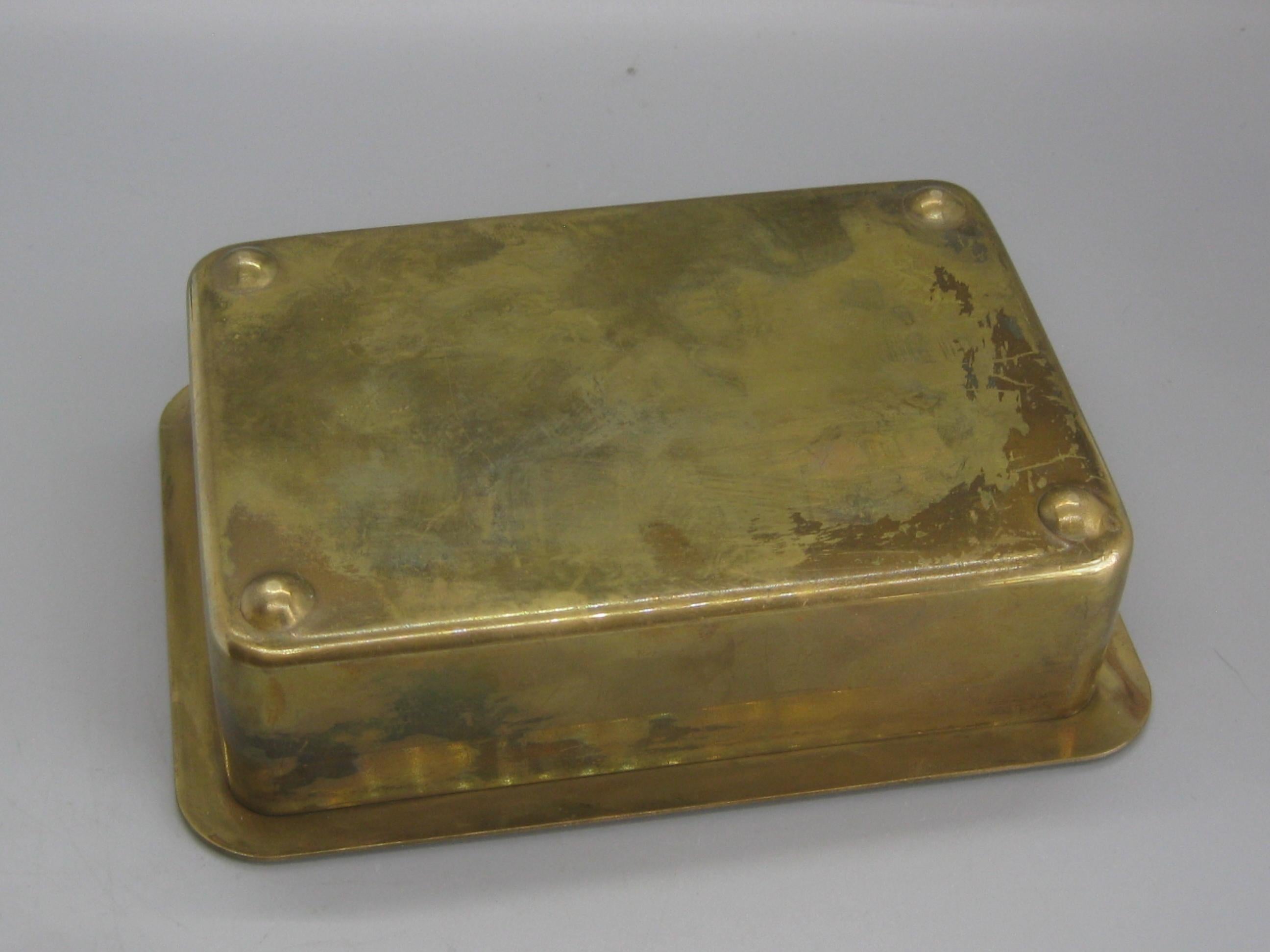 Art Deco Brass & Black Enamel Desk Stash Jewelry Trinket Box w/Wood Liner 8