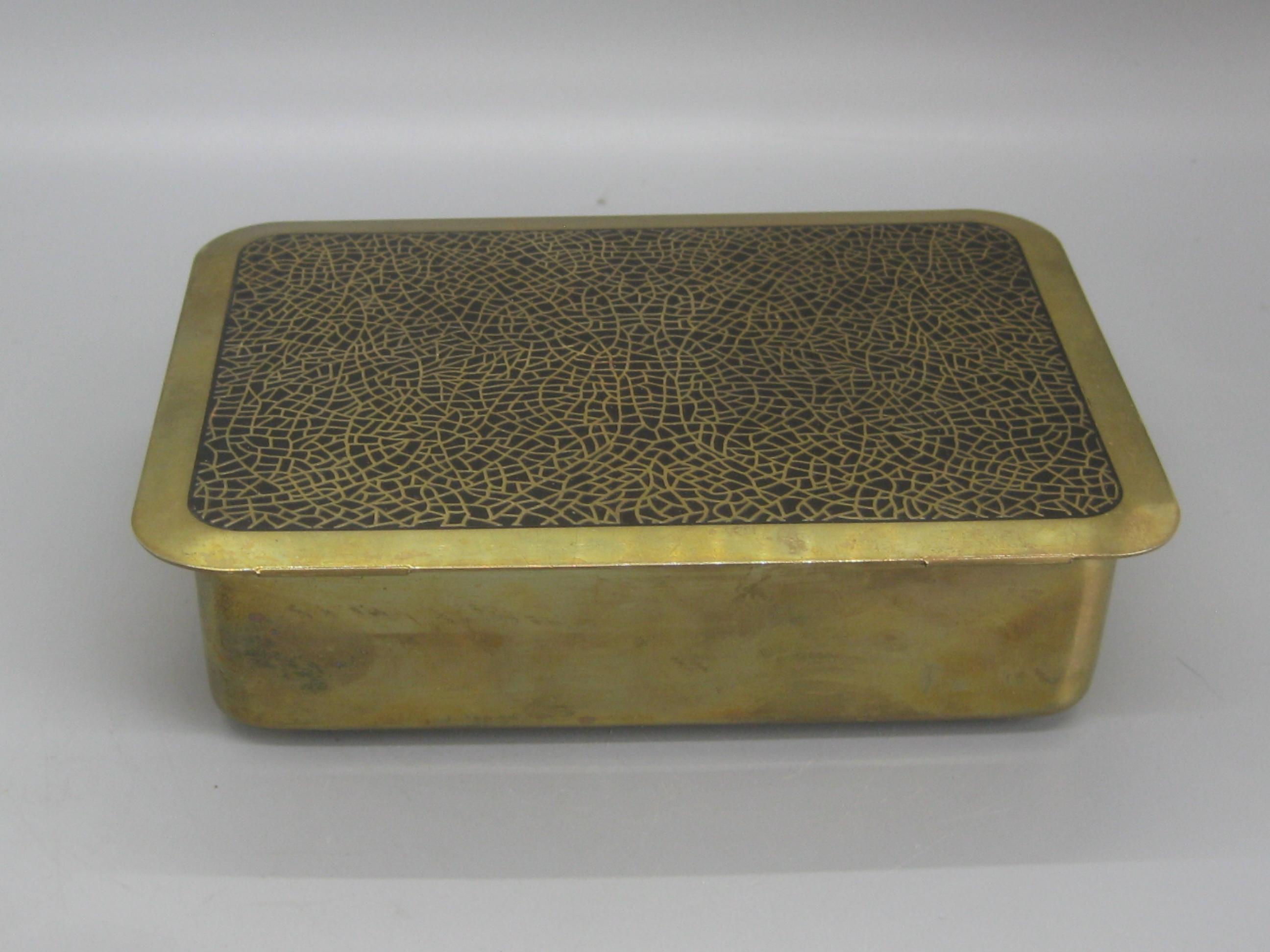 North American Art Deco Brass & Black Enamel Desk Stash Jewelry Trinket Box w/Wood Liner