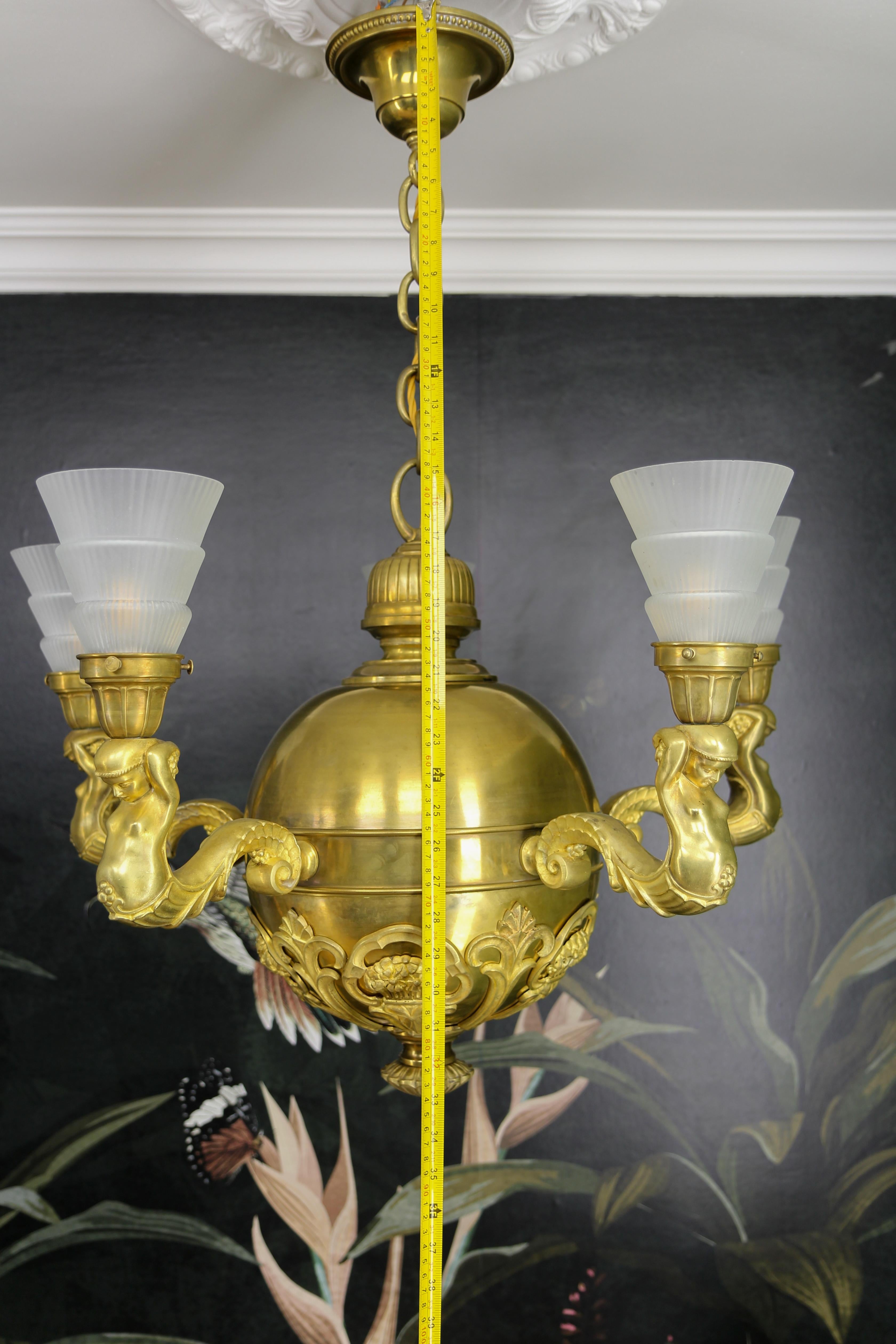 Art Deco Brass, Bronze and Frosted Glass Five-Light Figural Chandelier, ca. 1920 For Sale 13
