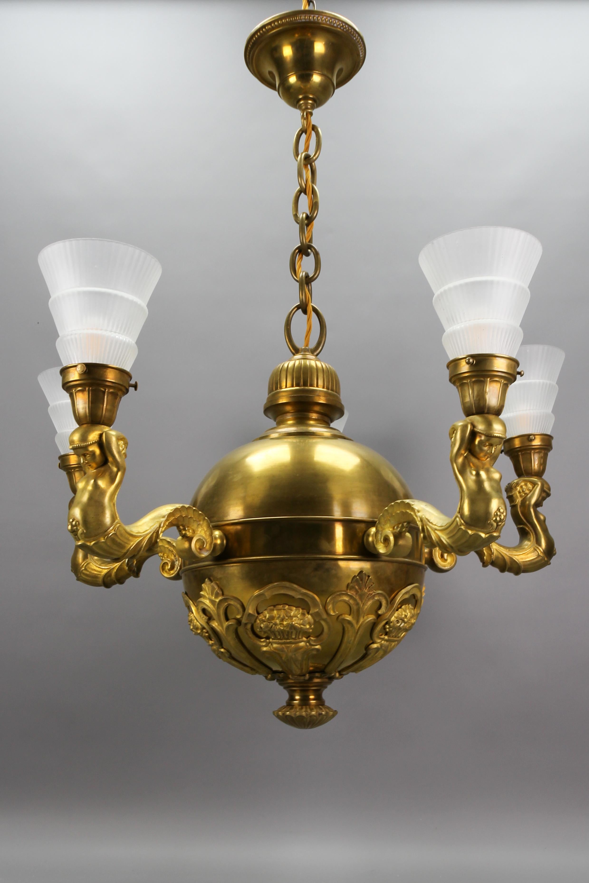 Art Deco Brass, Bronze and Frosted Glass Five-Light Figural Chandelier, ca. 1920 For Sale 14
