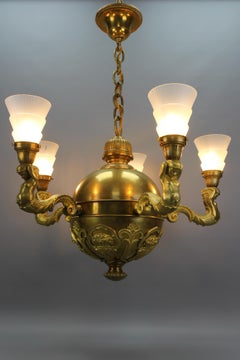 Art Deco Brass, Bronze and Frosted Glass Five-Light Figural Chandelier, ca. 1920