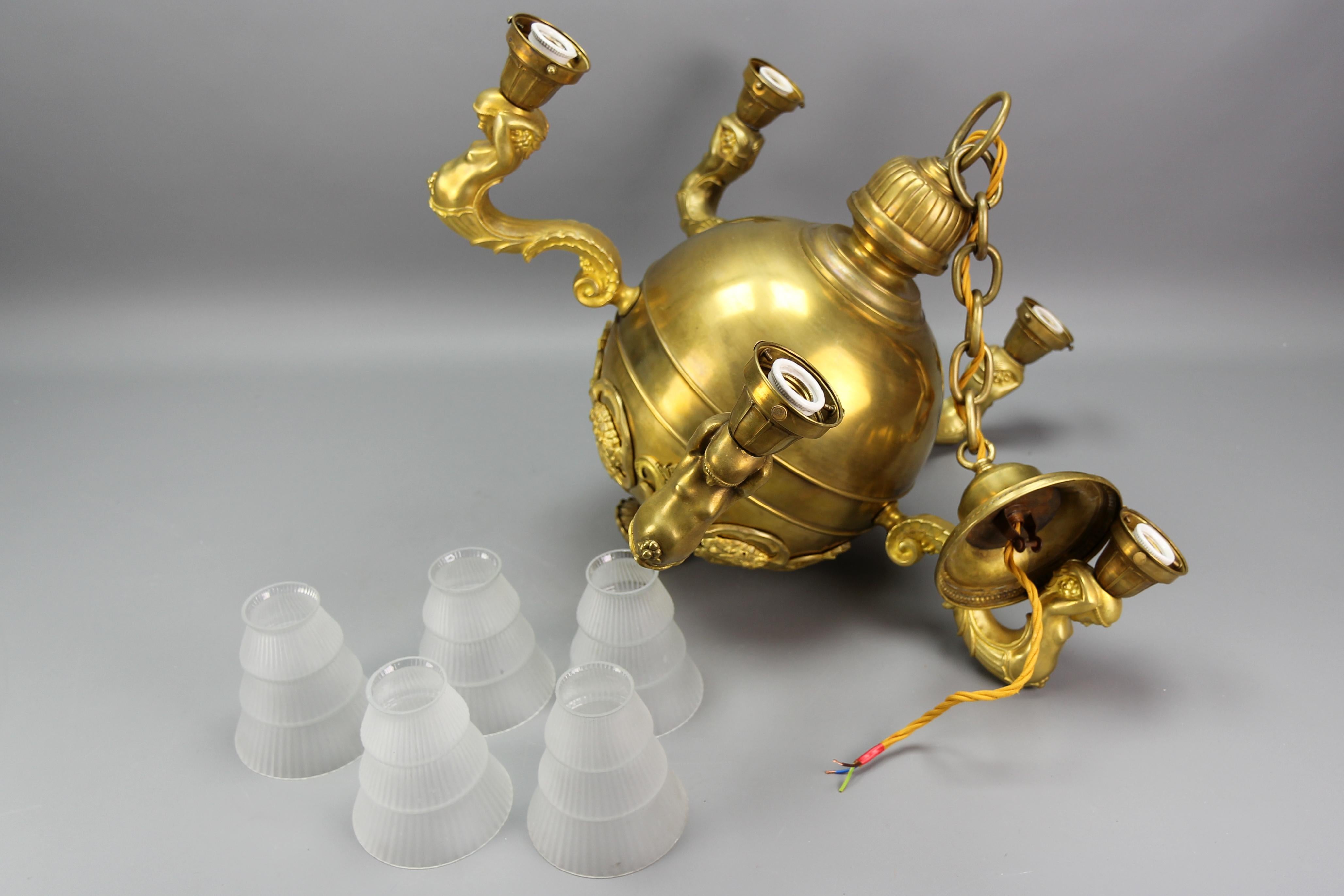 Art Deco Brass, Bronze and Frosted Glass Five-Light Figural Chandelier, ca. 1920 For Sale 15