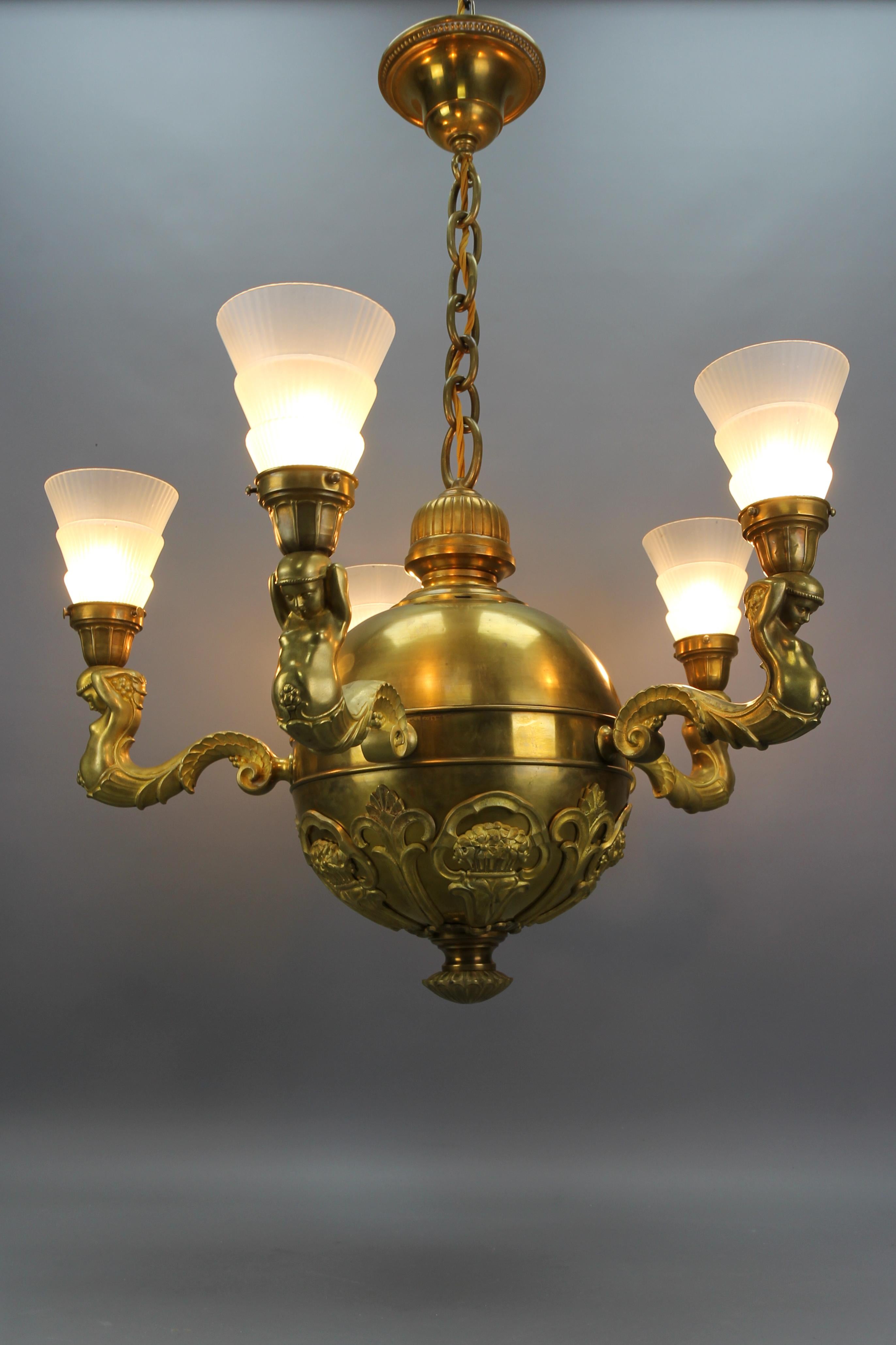German Art Deco Brass, Bronze and Frosted Glass Five-Light Figural Chandelier, ca. 1920 For Sale
