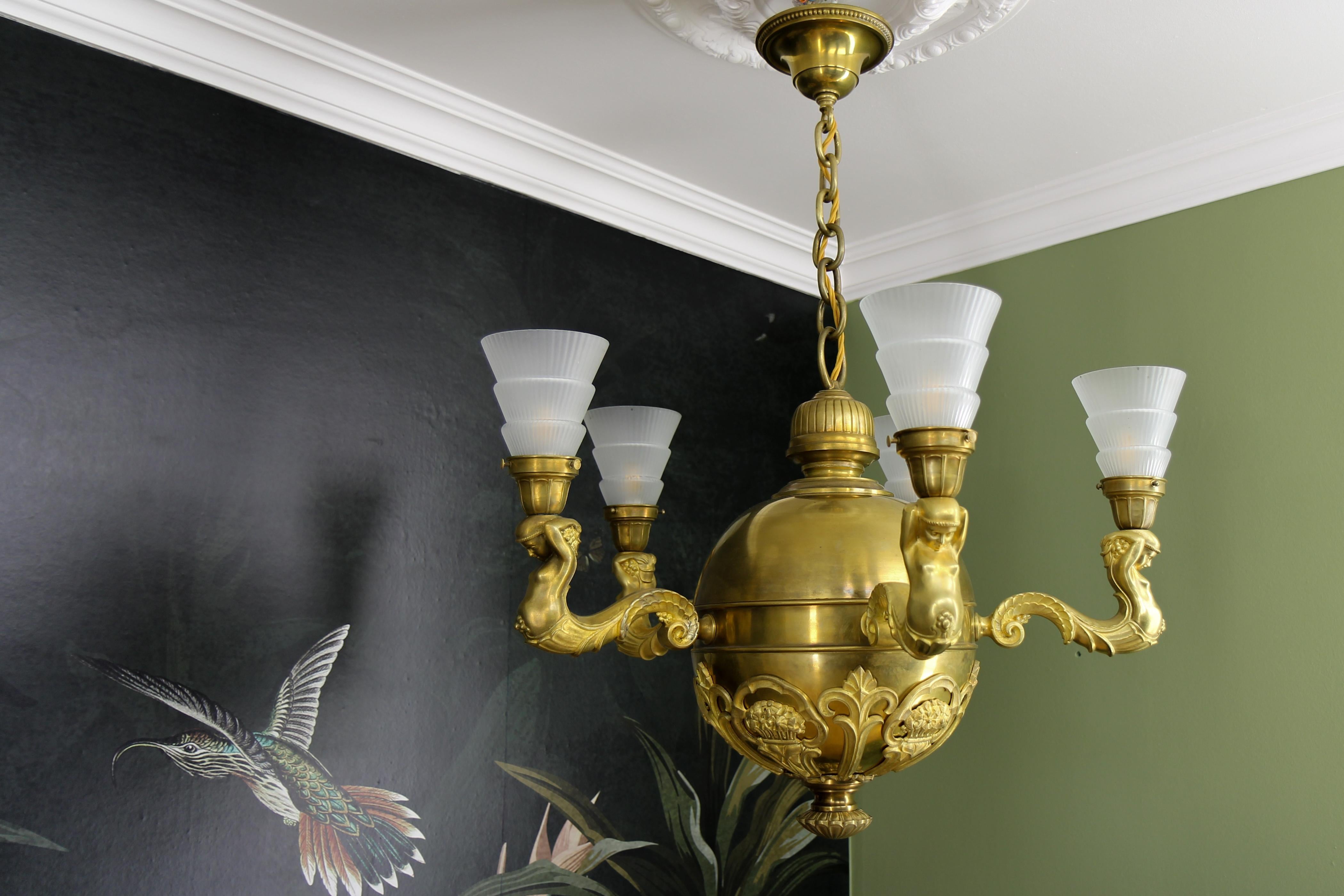 Early 20th Century Art Deco Brass, Bronze and Frosted Glass Five-Light Figural Chandelier, ca. 1920 For Sale