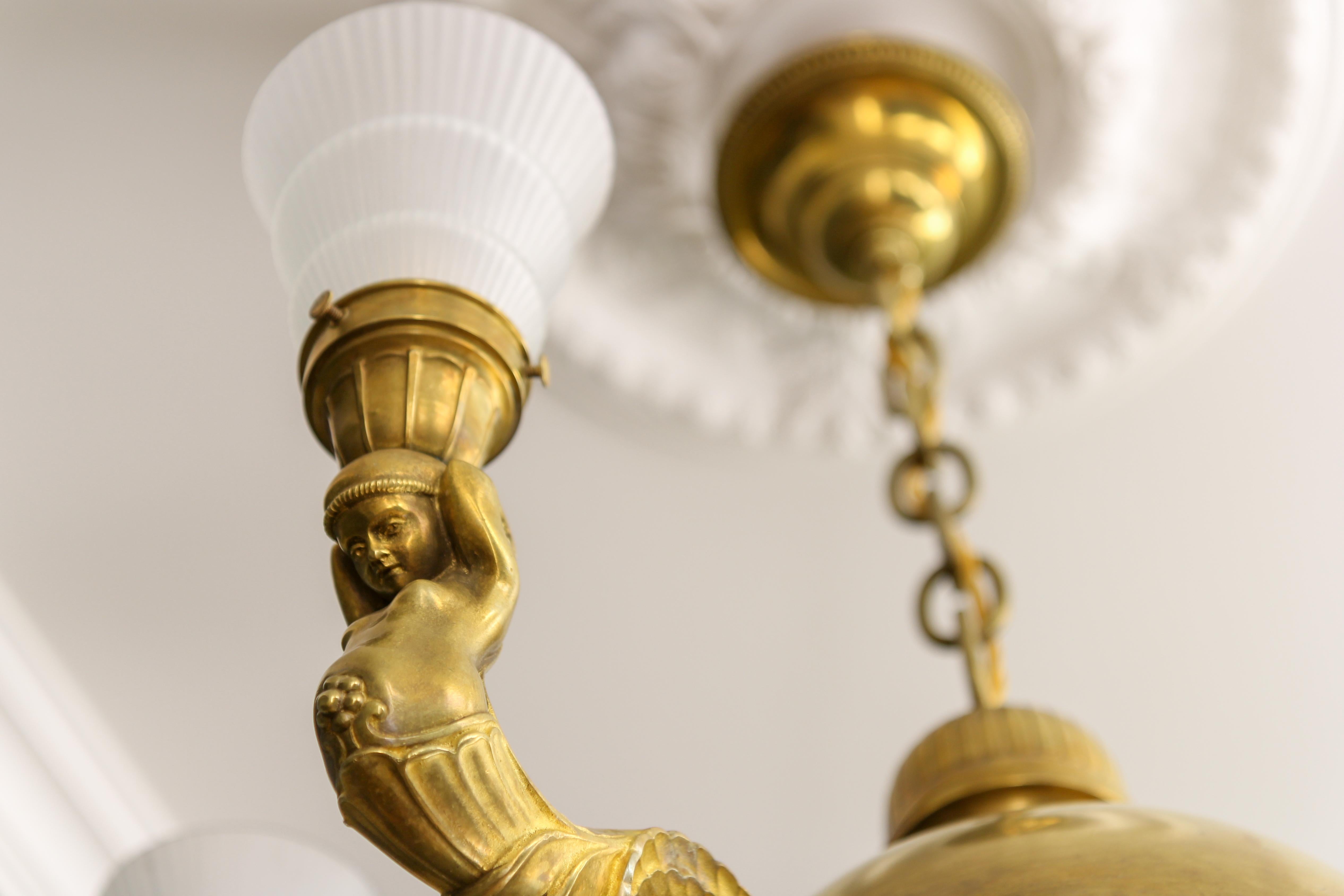 Art Deco Brass, Bronze and Frosted Glass Five-Light Figural Chandelier, ca. 1920 For Sale 2