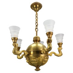 Antique Art Deco Brass, Bronze and Frosted Glass Five-Light Figural Chandelier, ca. 1920