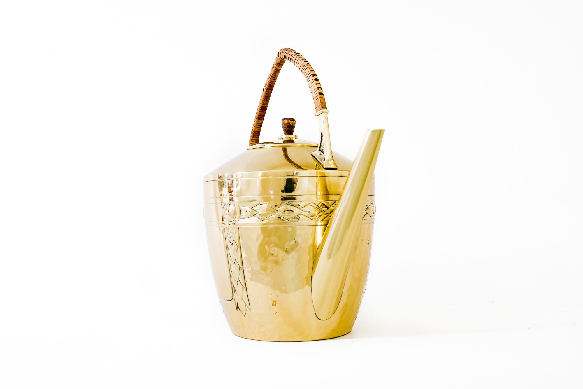 Austrian Art Deco Brass Can with Wicker Handle Around 1920s For Sale
