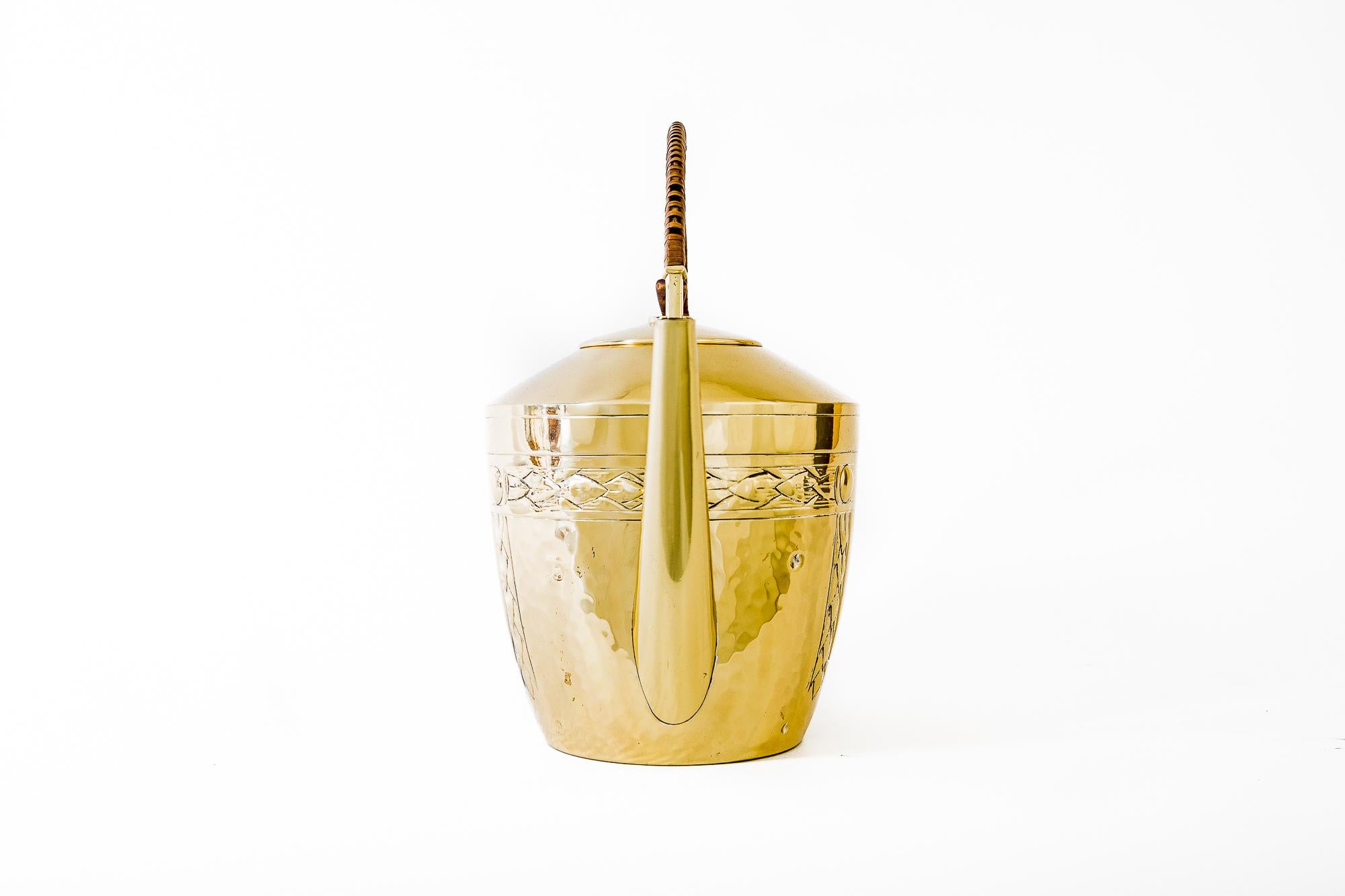 Lacquered Art Deco Brass Can with Wicker Handle Around 1920s For Sale