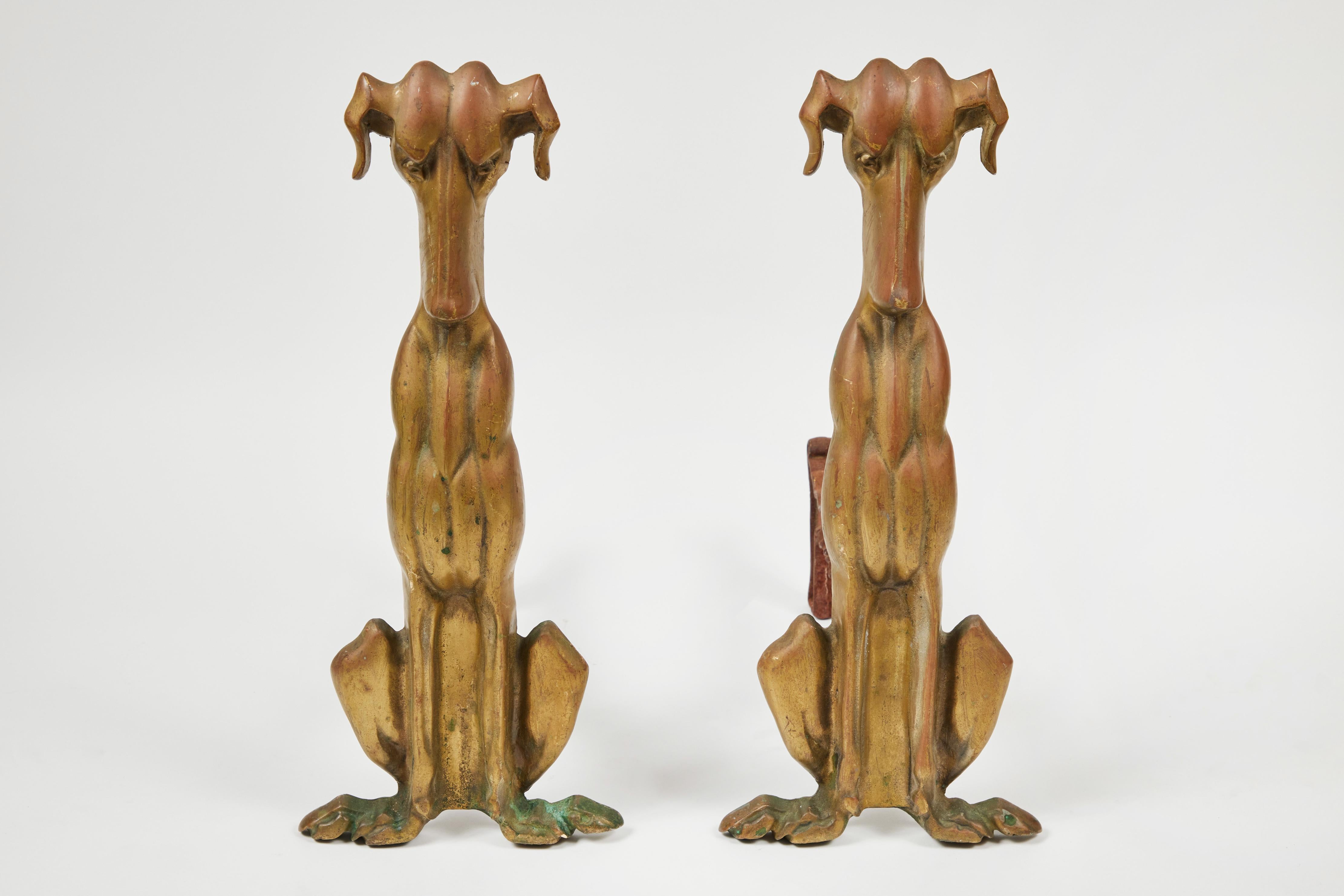 Art Deco brass + cast iron hound dog Andirons by the Tennessee Chrome Plating Company.