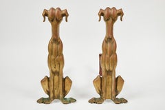 Art Deco Brass + Cast Iron Hound Dog Andirons