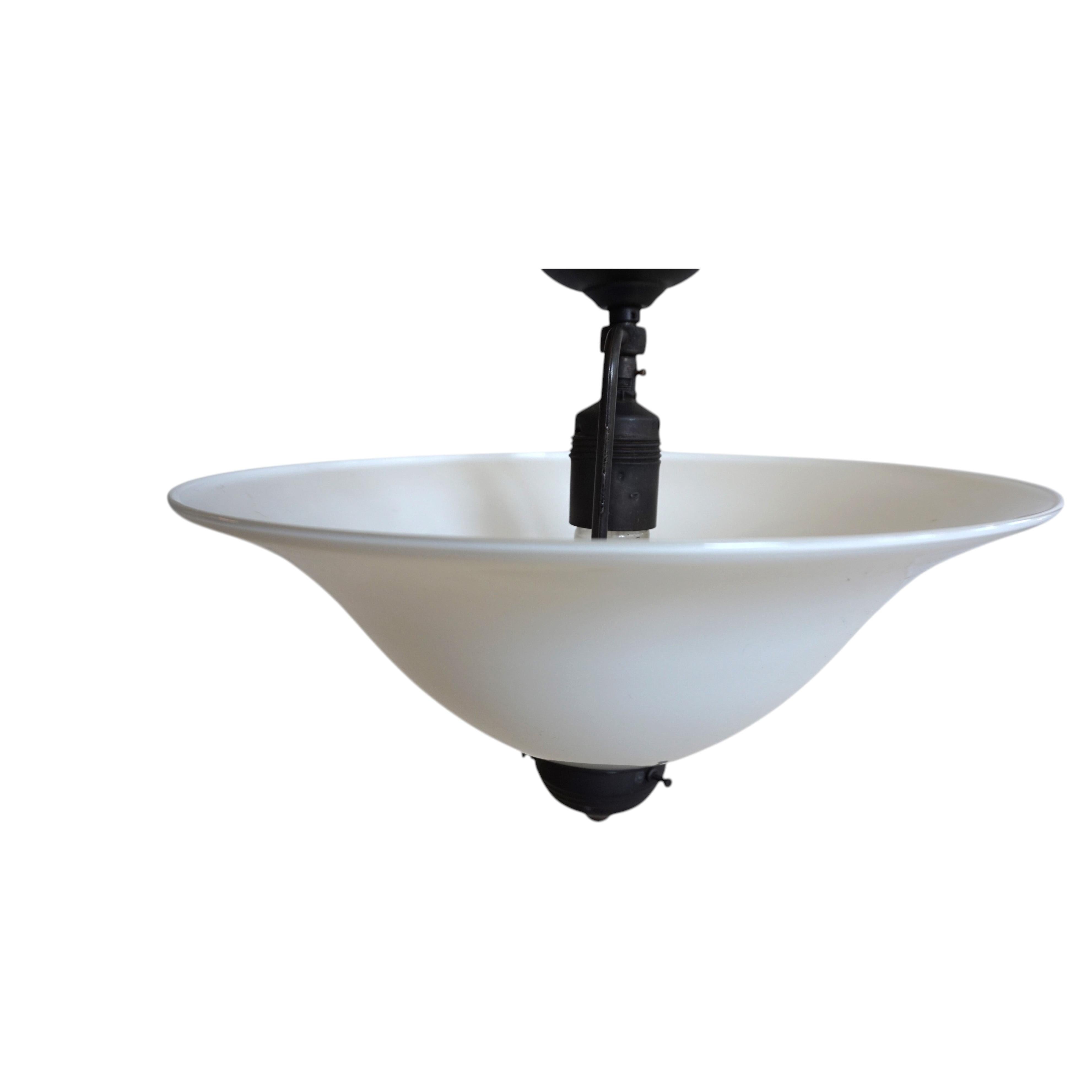 Art Deco Brass Ceiling Lamp, Frosted Opal Glass Shade, Germany