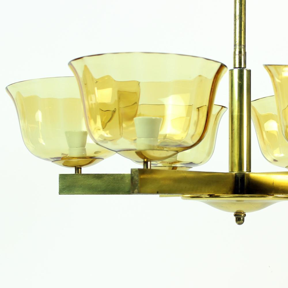 Art Deco Brass Ceiling Light with 2 Sets of Glass Shields, Czechoslovakia, 1920s In Good Condition For Sale In Zohor, SK