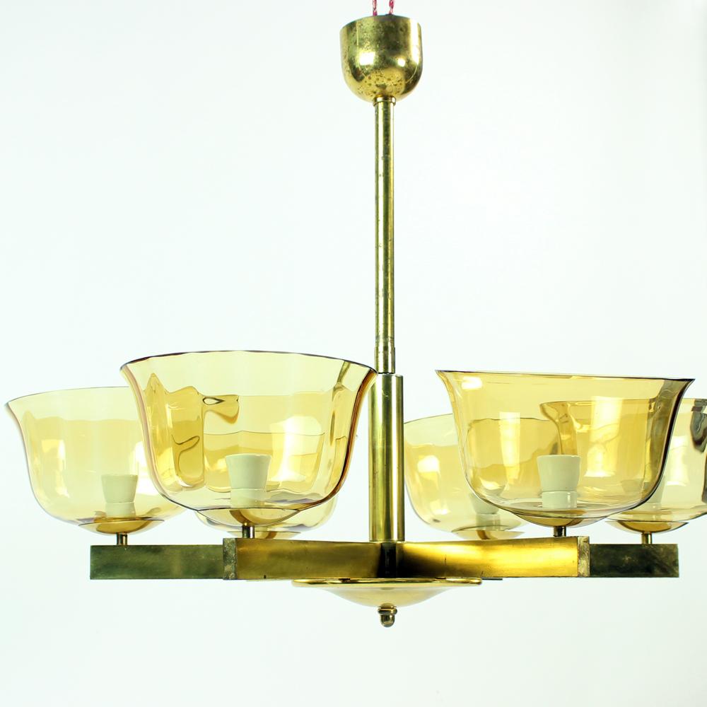 Early 20th Century Art Deco Brass Ceiling Light with 2 Sets of Glass Shields, Czechoslovakia, 1920s For Sale