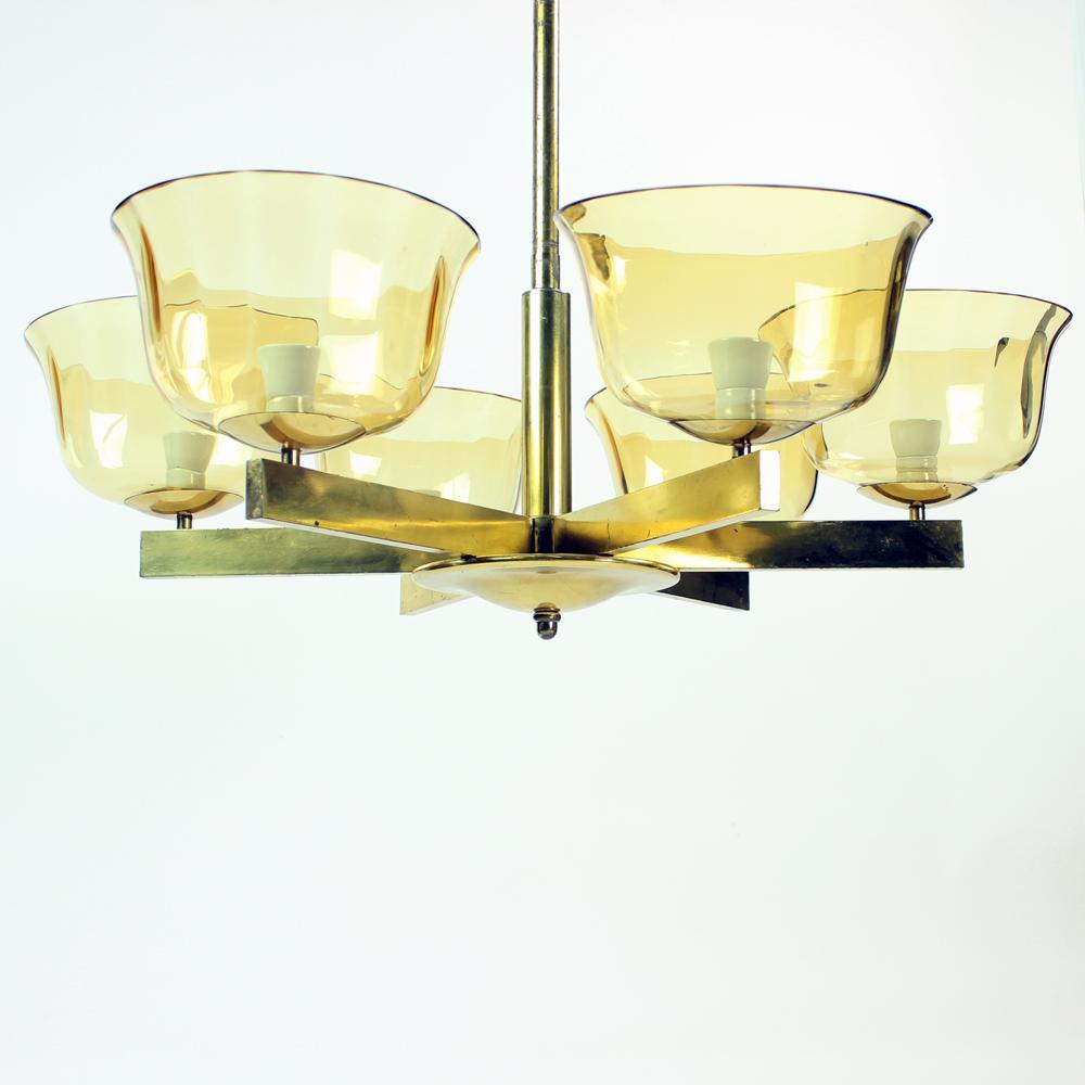 Art Deco Brass Ceiling Light with 2 Sets of Glass Shields, Czechoslovakia, 1920s For Sale 1