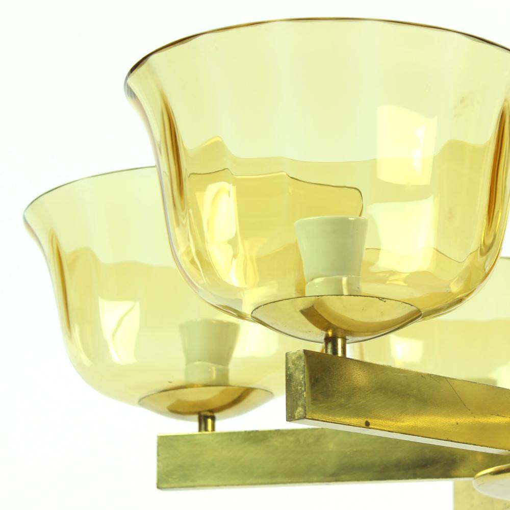 Art Deco Brass Ceiling Light with 2 Sets of Glass Shields, Czechoslovakia, 1920s For Sale 2