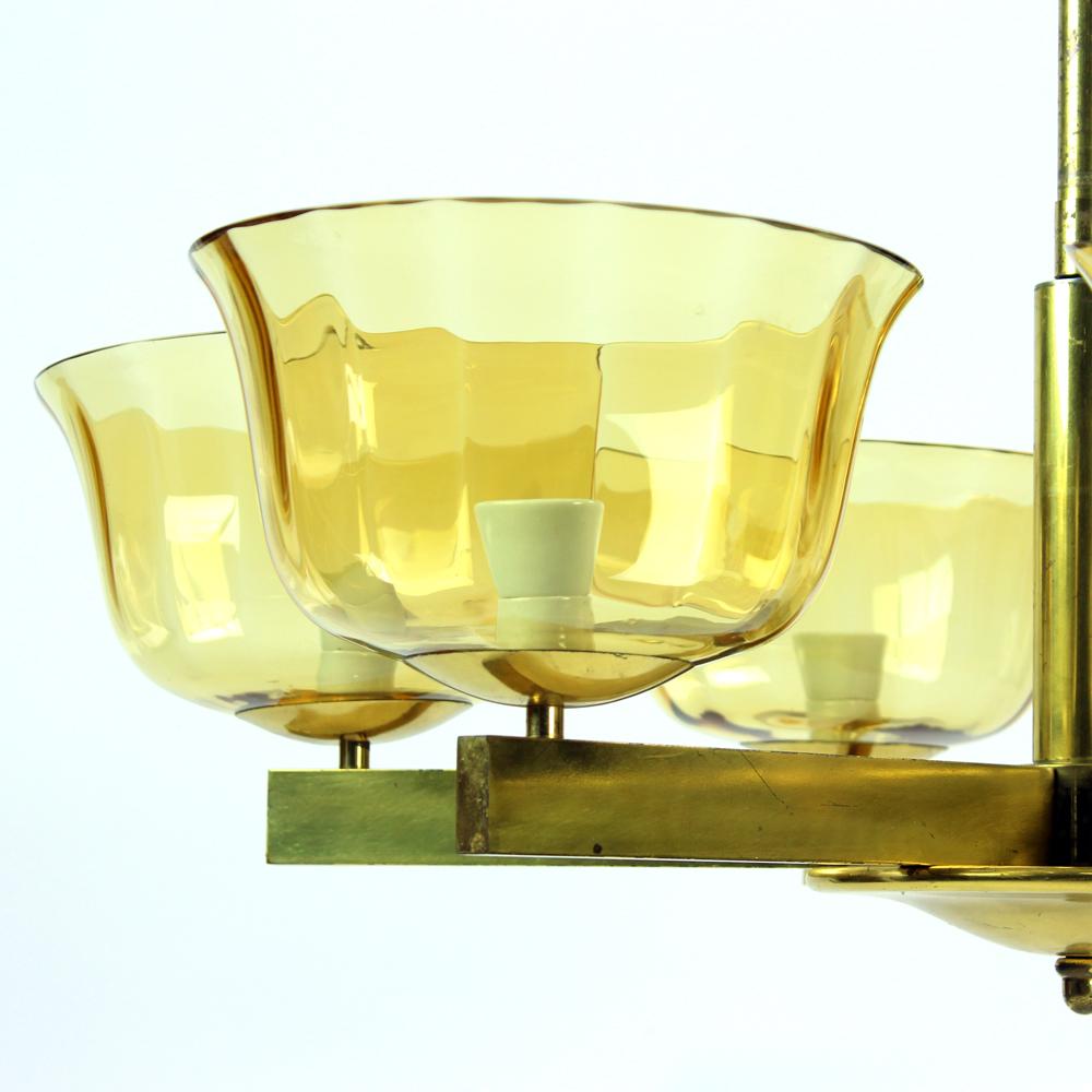 Art Deco Brass Ceiling Light with 2 Sets of Glass Shields, Czechoslovakia, 1920s For Sale 3