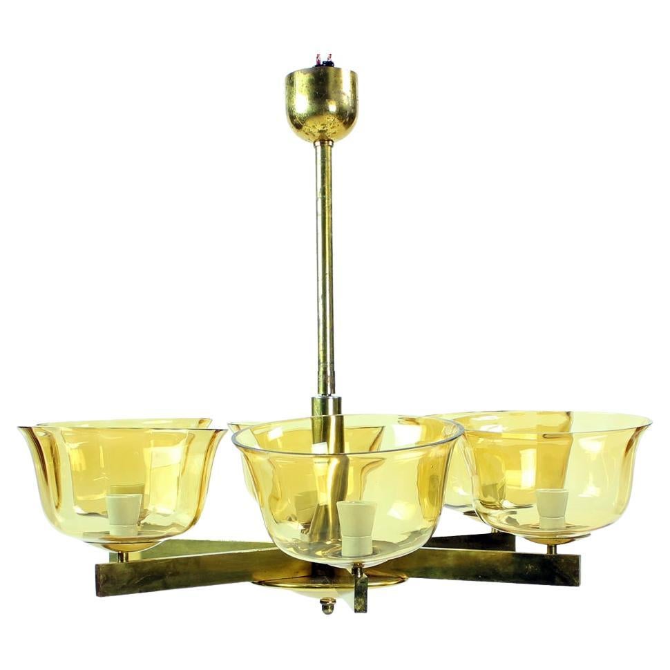 Art Deco Brass Ceiling Light with 2 Sets of Glass Shields, Czechoslovakia, 1920s For Sale