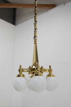 Art Deco Brass Chandelier, Four Flame Arms, 1920s, Restored