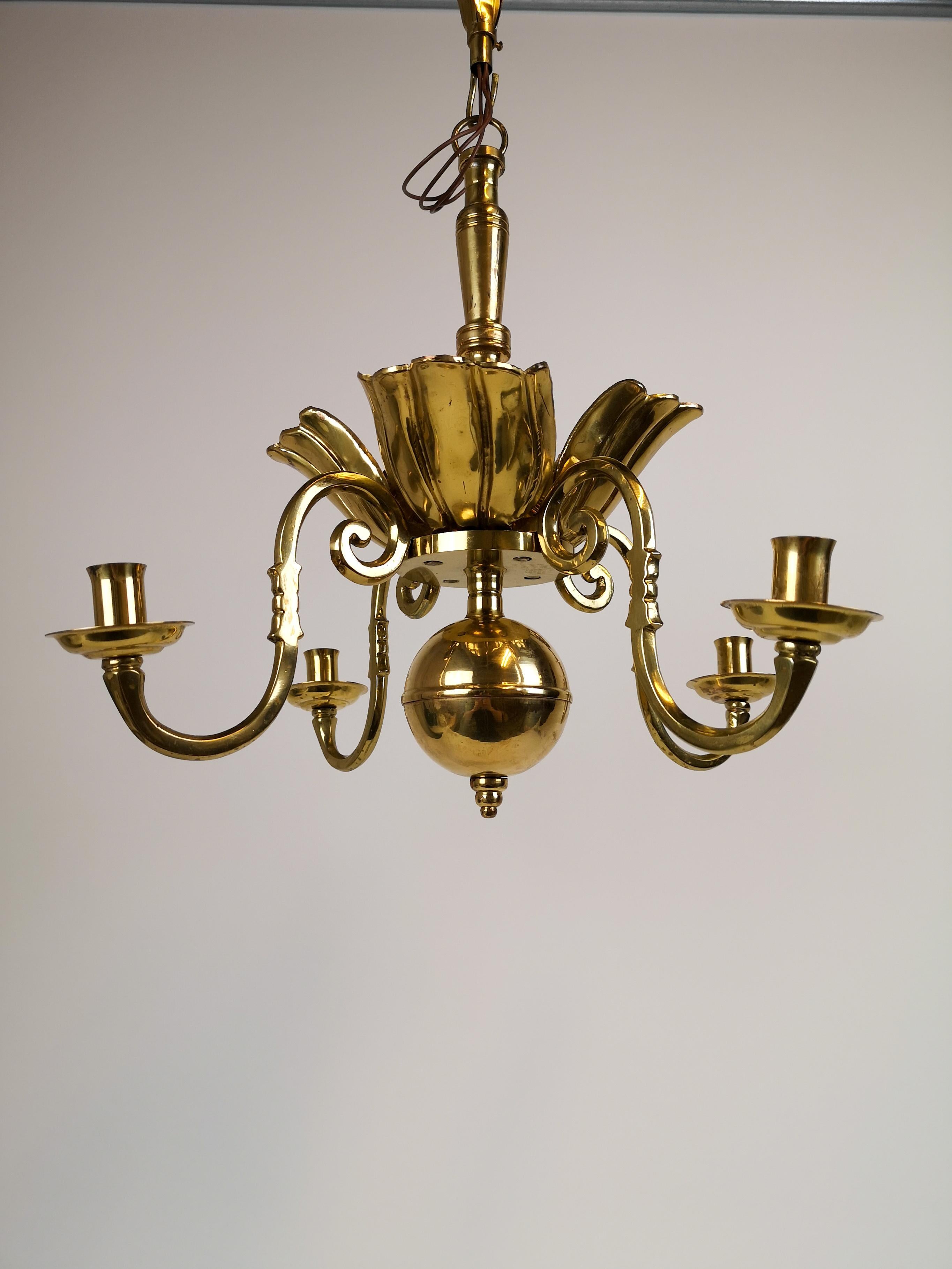 Mid-20th Century Art Deco Brass Chandelier Lars Holmström, Sweden, 1940s For Sale