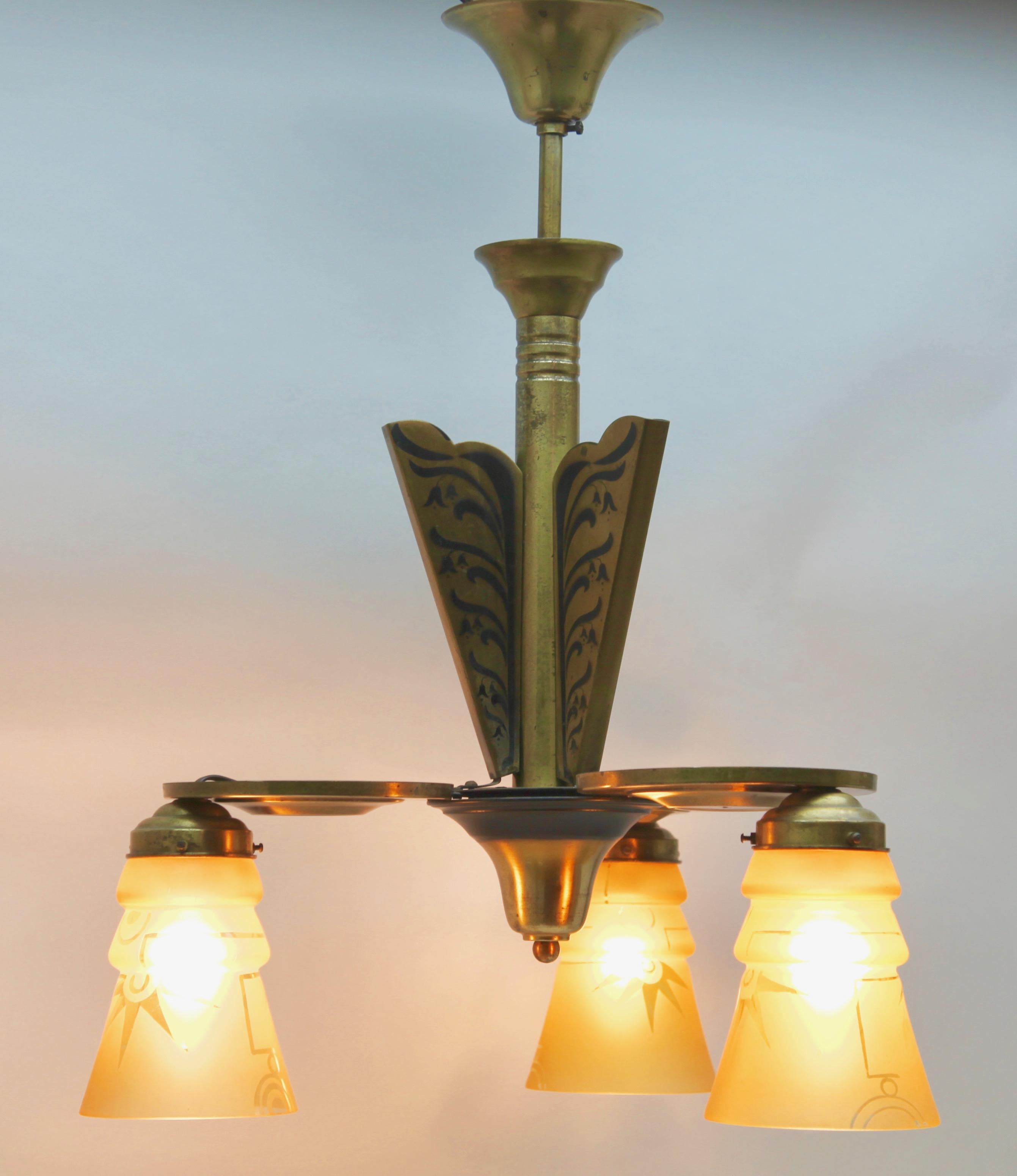 Art Deco Brass Chandelier Three Arms Glass Lampshades Whit Pattern For Sale 4