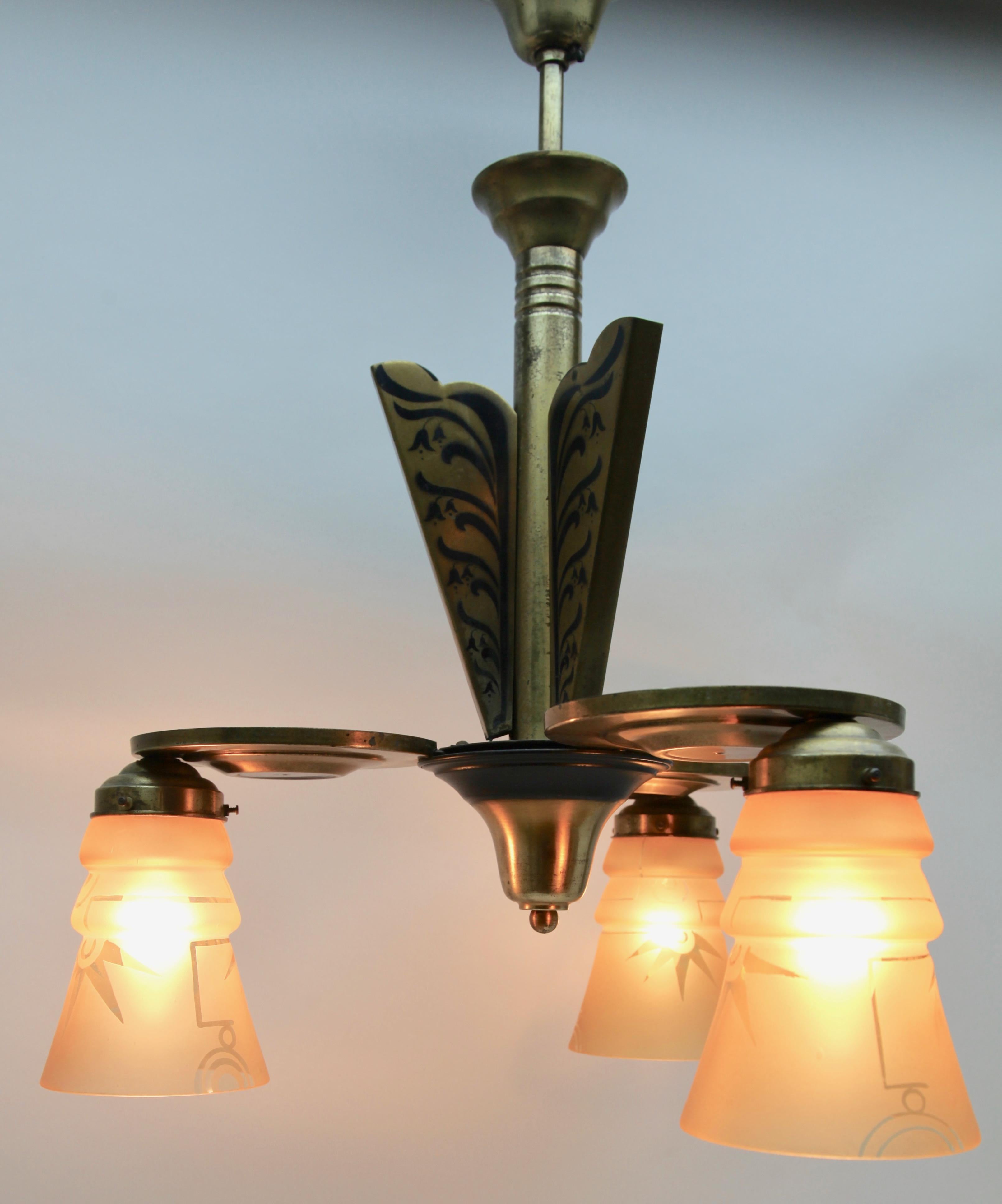 Art Deco Brass Chandelier Three Arms Glass Lampshades Whit Pattern For Sale 6