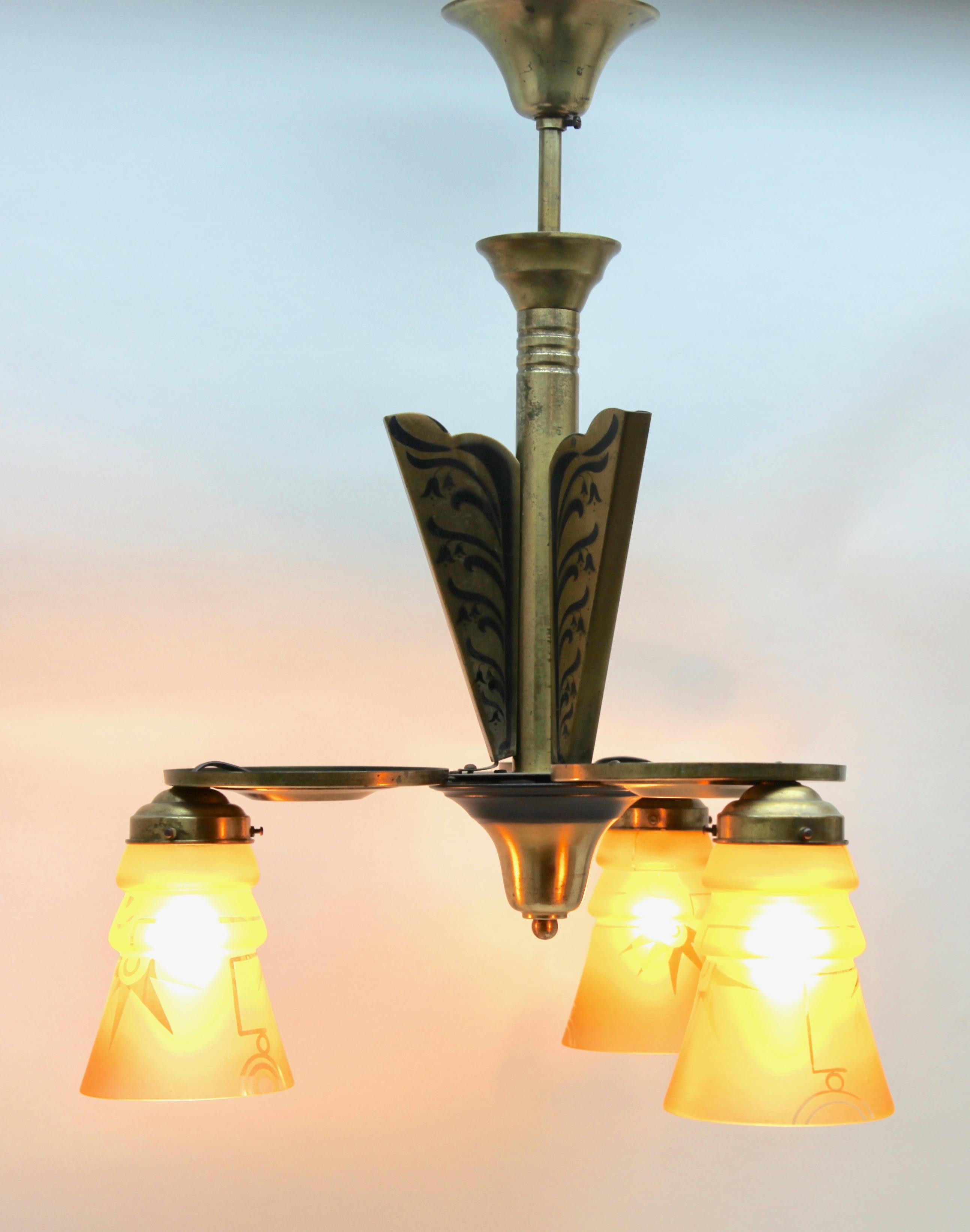 Art Deco Brass Chandelier Three Arms Glass Lampshades Whit Pattern For Sale 9