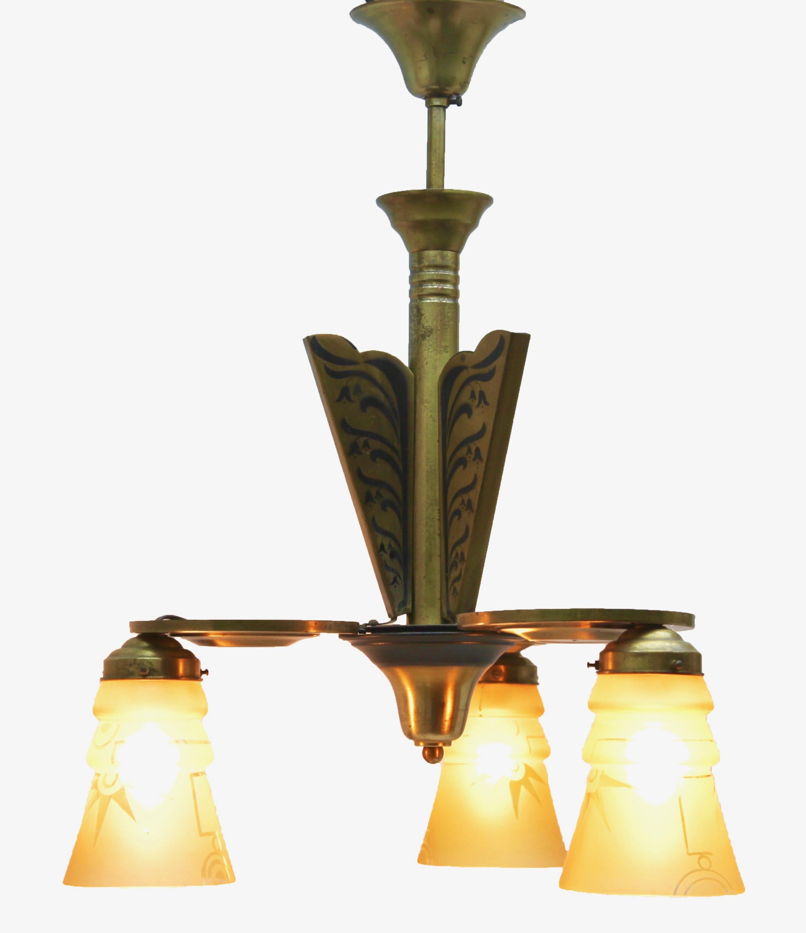 Machine-Made Art Deco Brass Chandelier Three Arms Glass Lampshades Whit Pattern For Sale