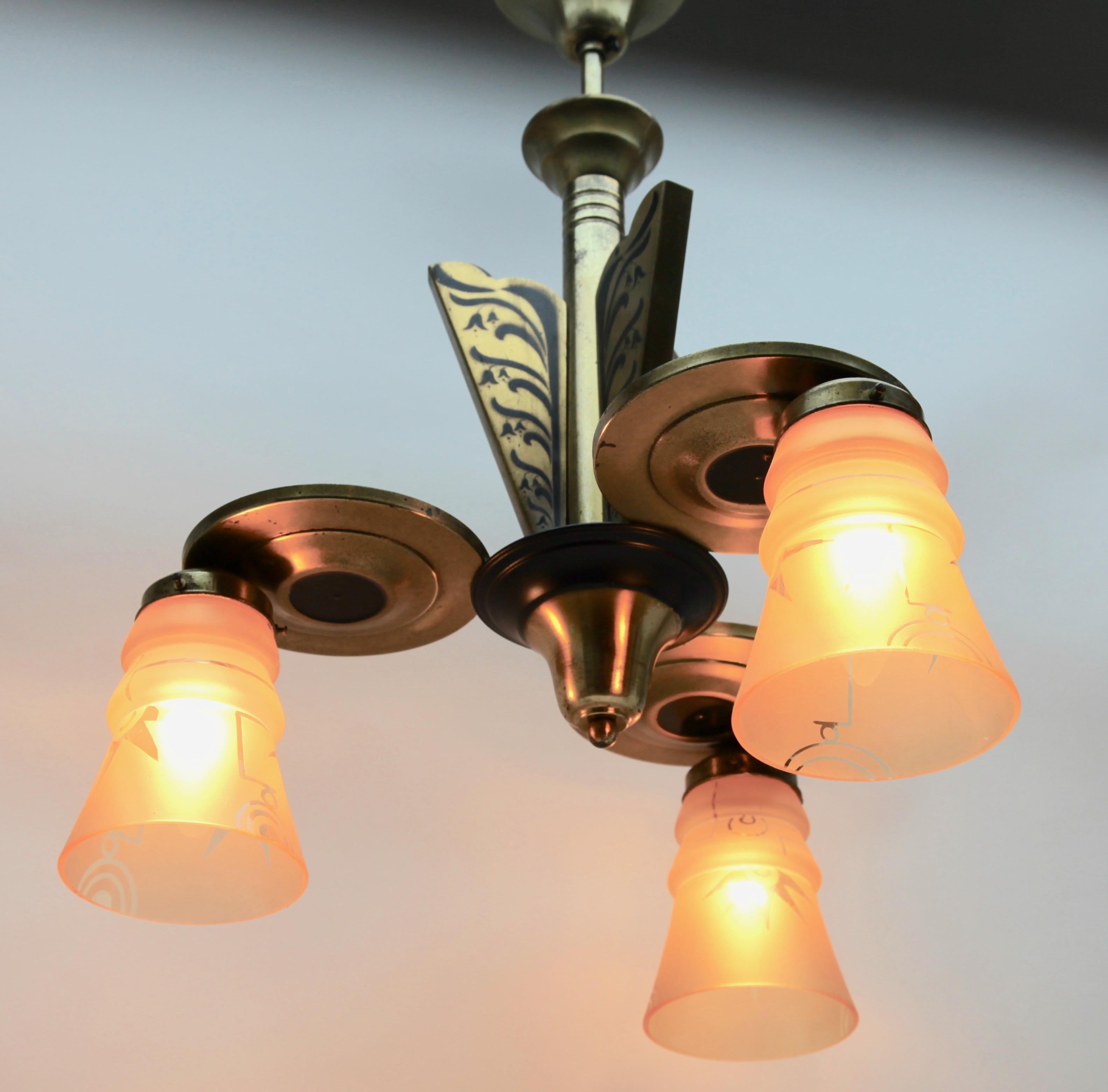 Art Glass Art Deco Brass Chandelier Three Arms Glass Lampshades Whit Pattern For Sale