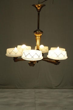 Lustre Art Déco en laiton - Abat-jours blancs scintillants