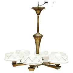 Art Deco Brass Chandelier- White Speckle Shades