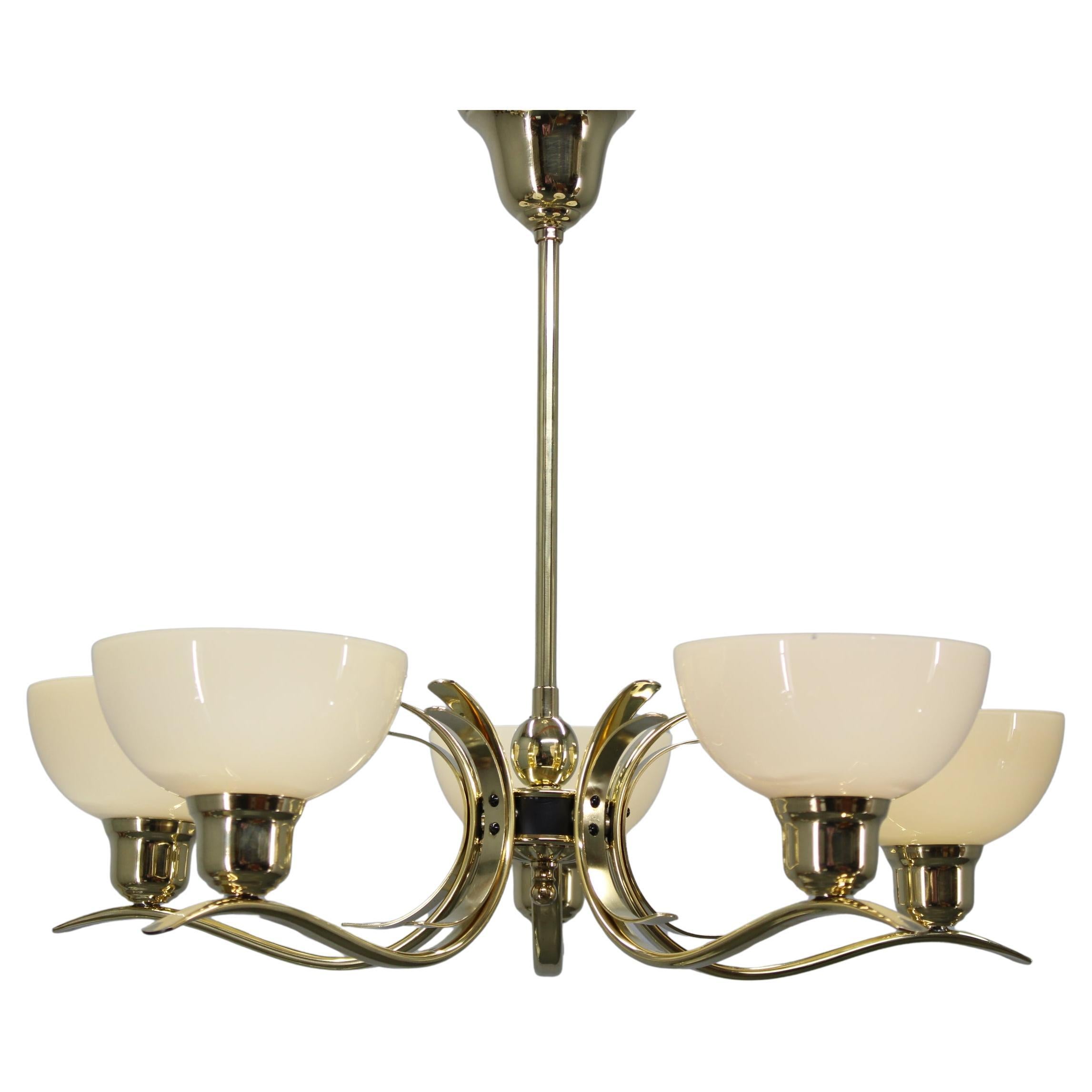 Art Deco Brass Chandelier with Cream Opaline Glass, Czechoslovakia 1930s