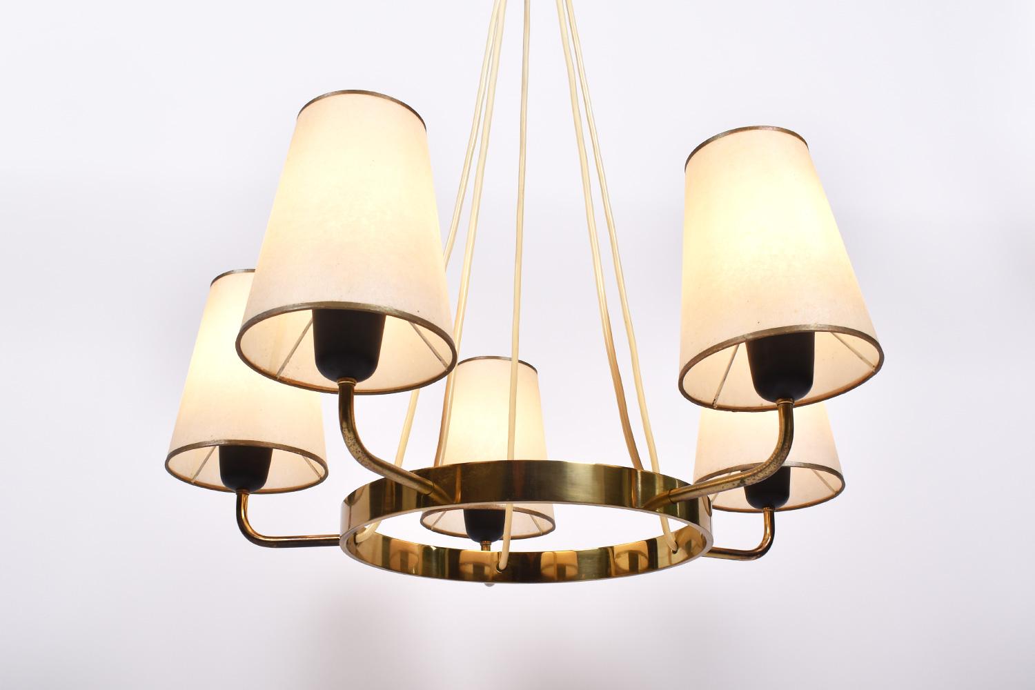 Polished Art Déco Brass Chandelier with Five Arms, 1950, Switzerland For Sale