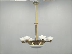 Art Deco Brass Chandelier with Glass Shades, Czechoslovakia, 1930s