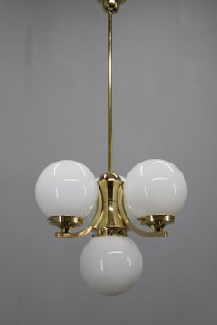 Art Deco Brass Chandelier with Opaline Glass, Czechoslovakia, 1930s