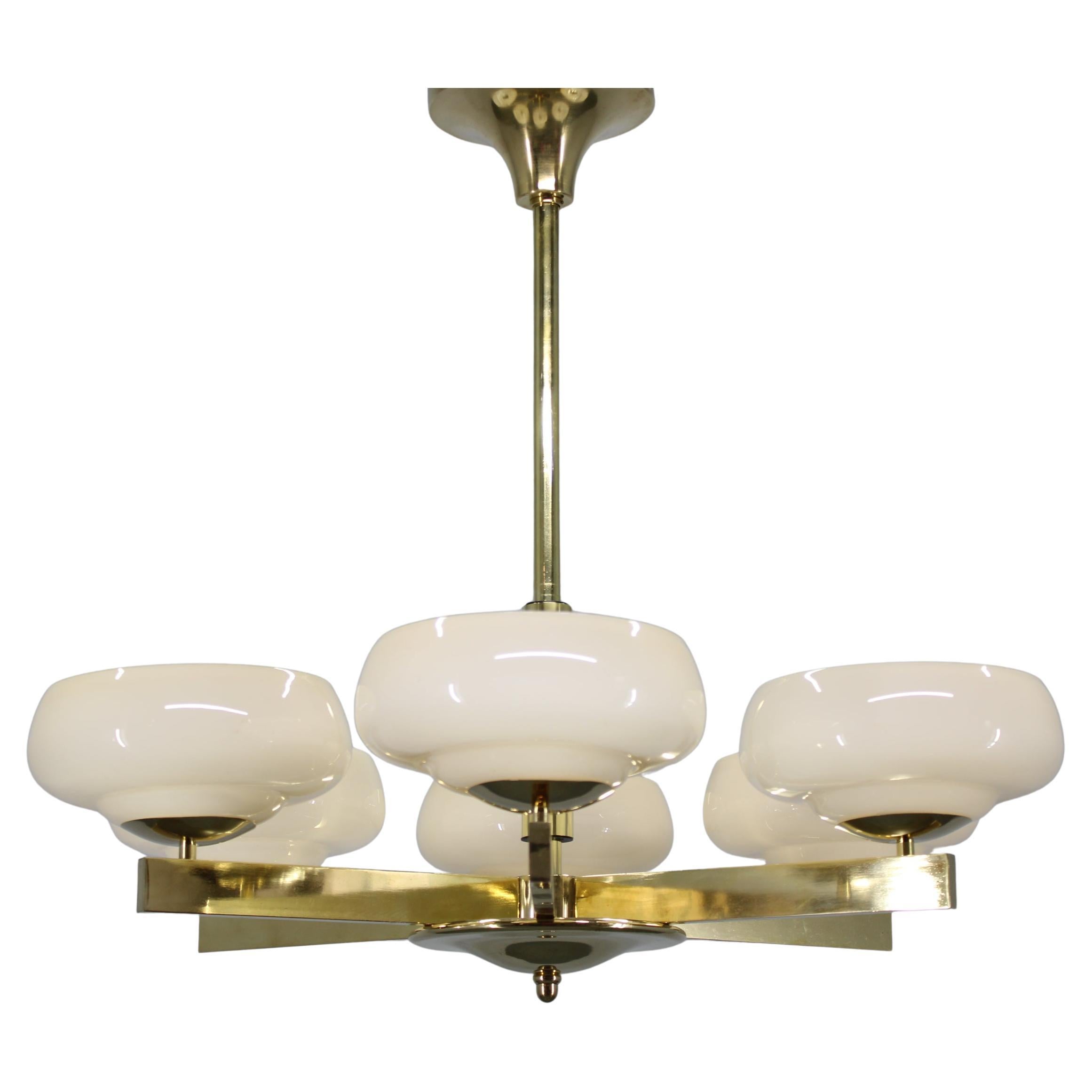 Art Deco Brass Chandelier with Opaline Glass, Czechoslovakia, 1930s For Sale