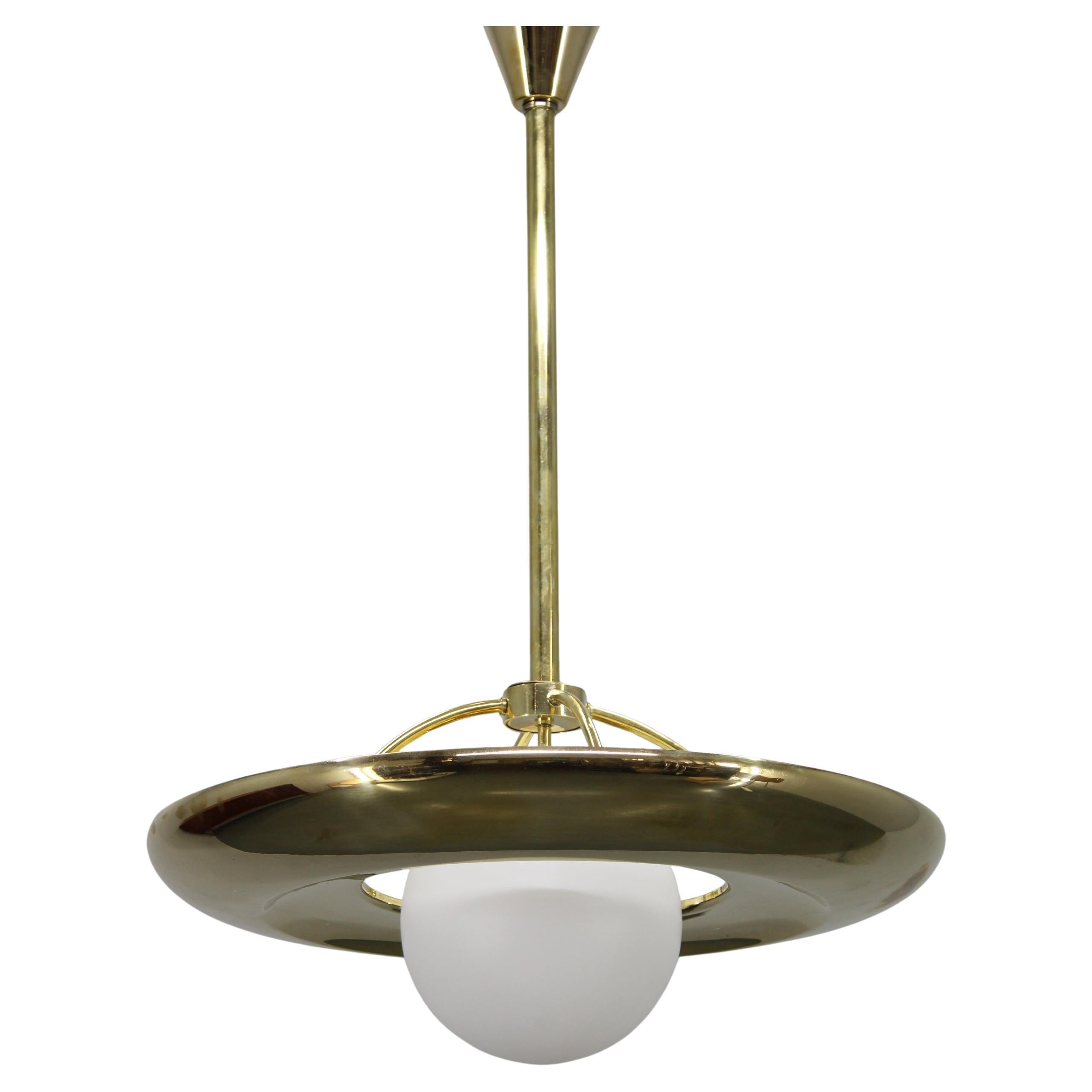 Art Deco Brass Chandelier with White Glass, Czechoslovakia 1930s