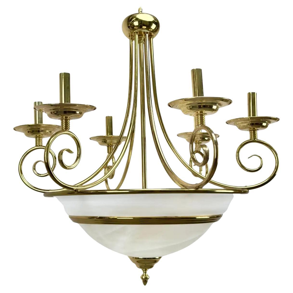 Lampadario Art Deco in ottone con fondo in vetro smerigliato bianco latte, 6 bracci in vendita