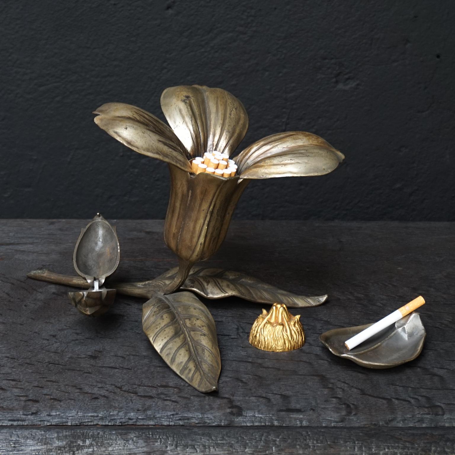 Art Deco Brass Cigarette Dispenser Flower, Matchstick Holder and Ashtray Petals 5