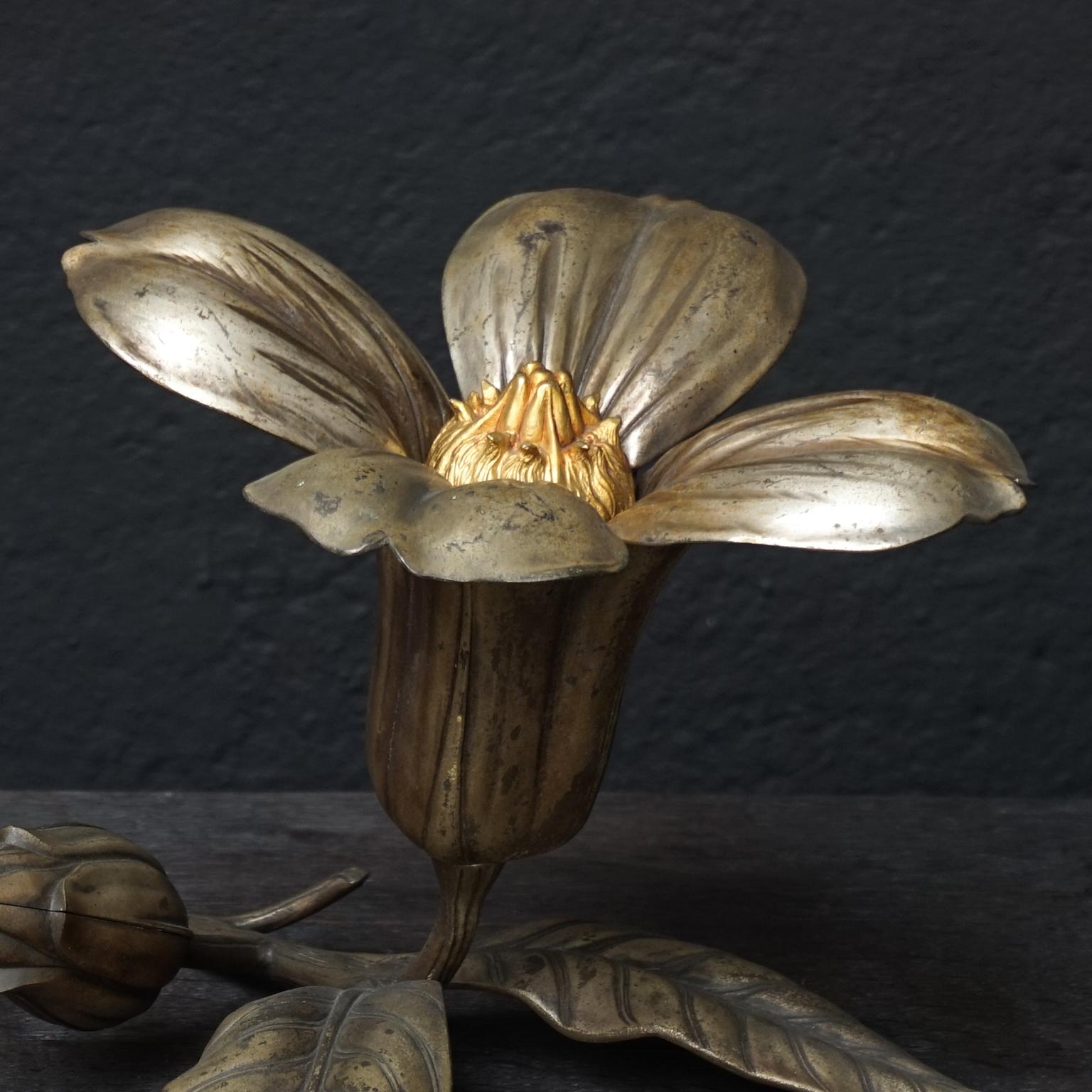 Italian Art Deco Brass Cigarette Dispenser Flower, Matchstick Holder and Ashtray Petals