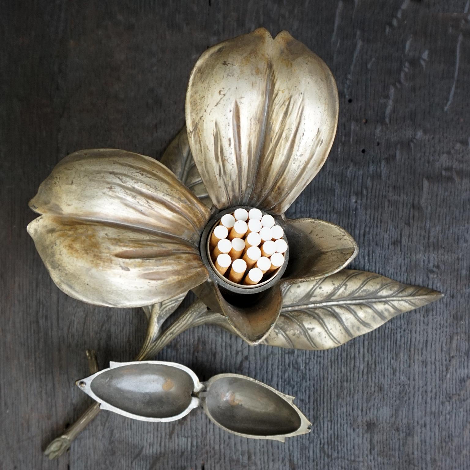 Art Deco Brass Cigarette Dispenser Flower, Matchstick Holder and Ashtray Petals 1