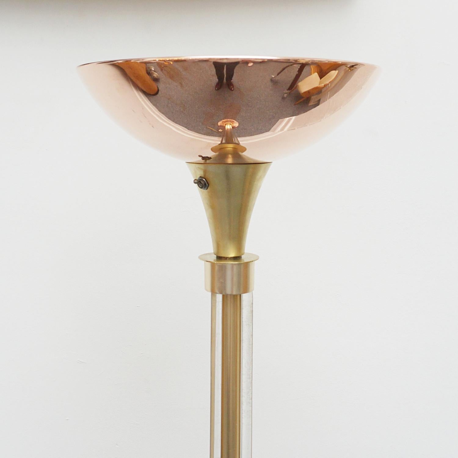 European Art Deco Brass Copper and Glass Uplighter Floor Lamp For Sale