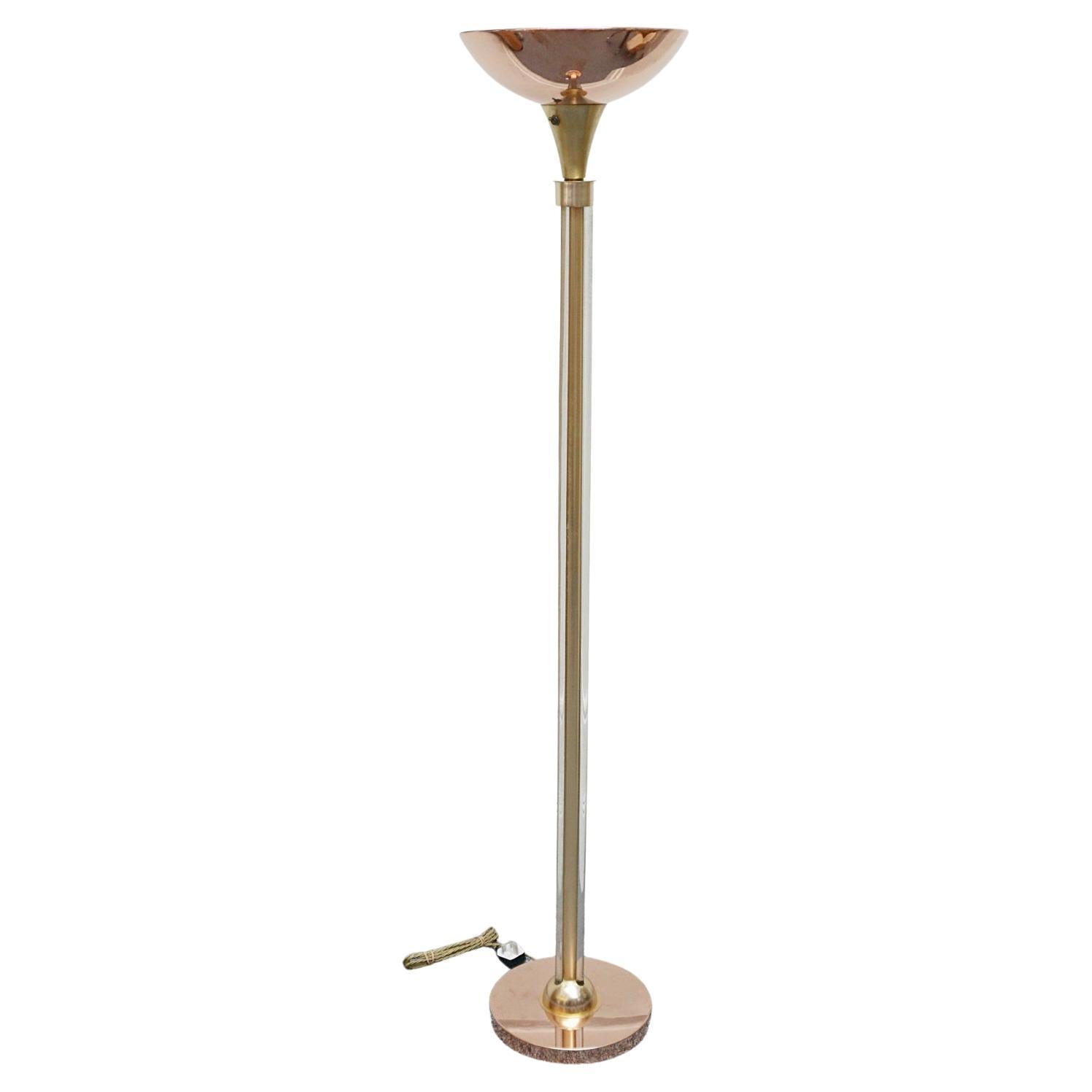 Art Deco Brass Copper and Glass Uplighter Floor Lamp For Sale