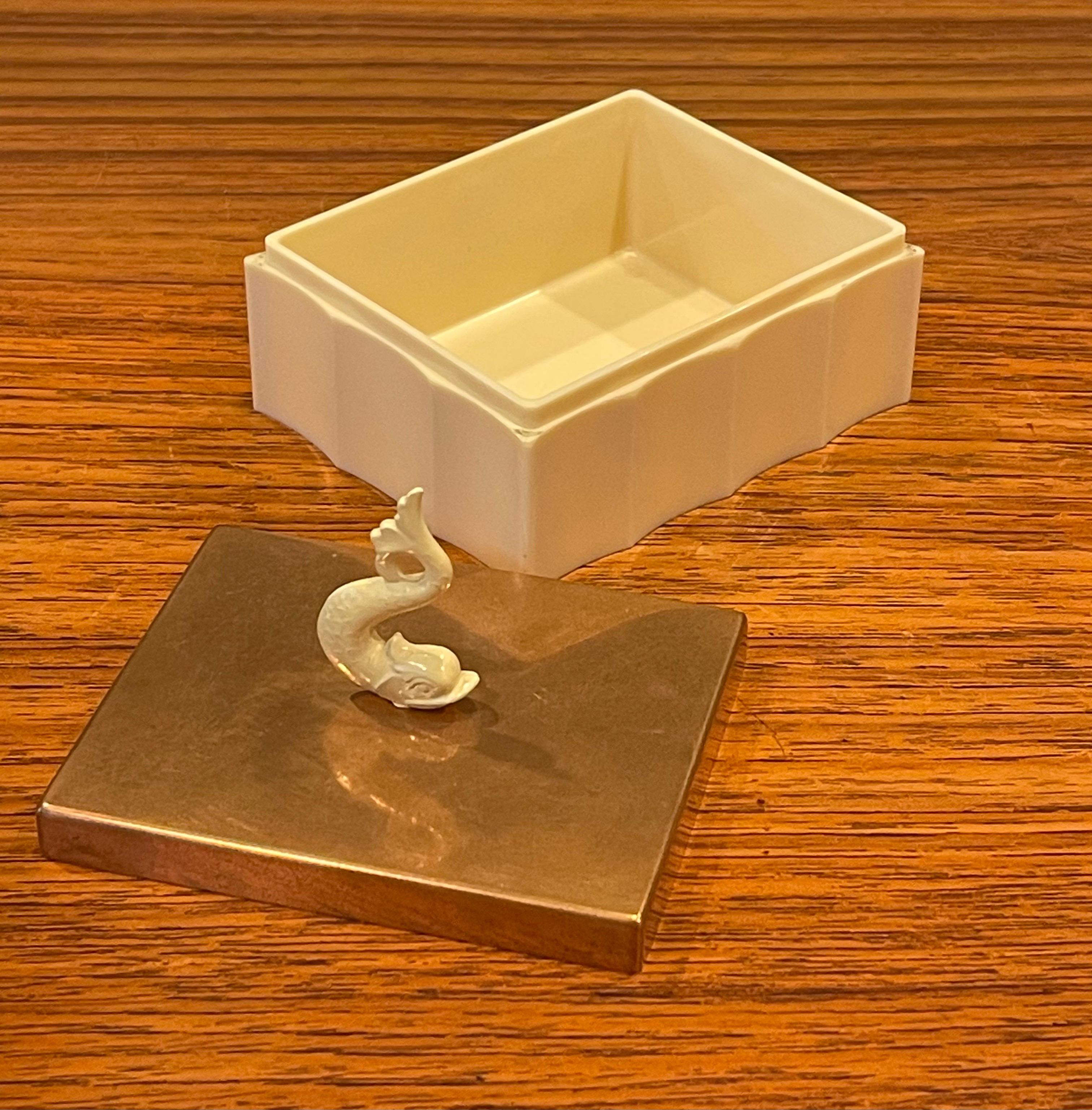 Art Deco Brass Copper & Ivory Bakelite Trinket Box by Chase & Co. 1