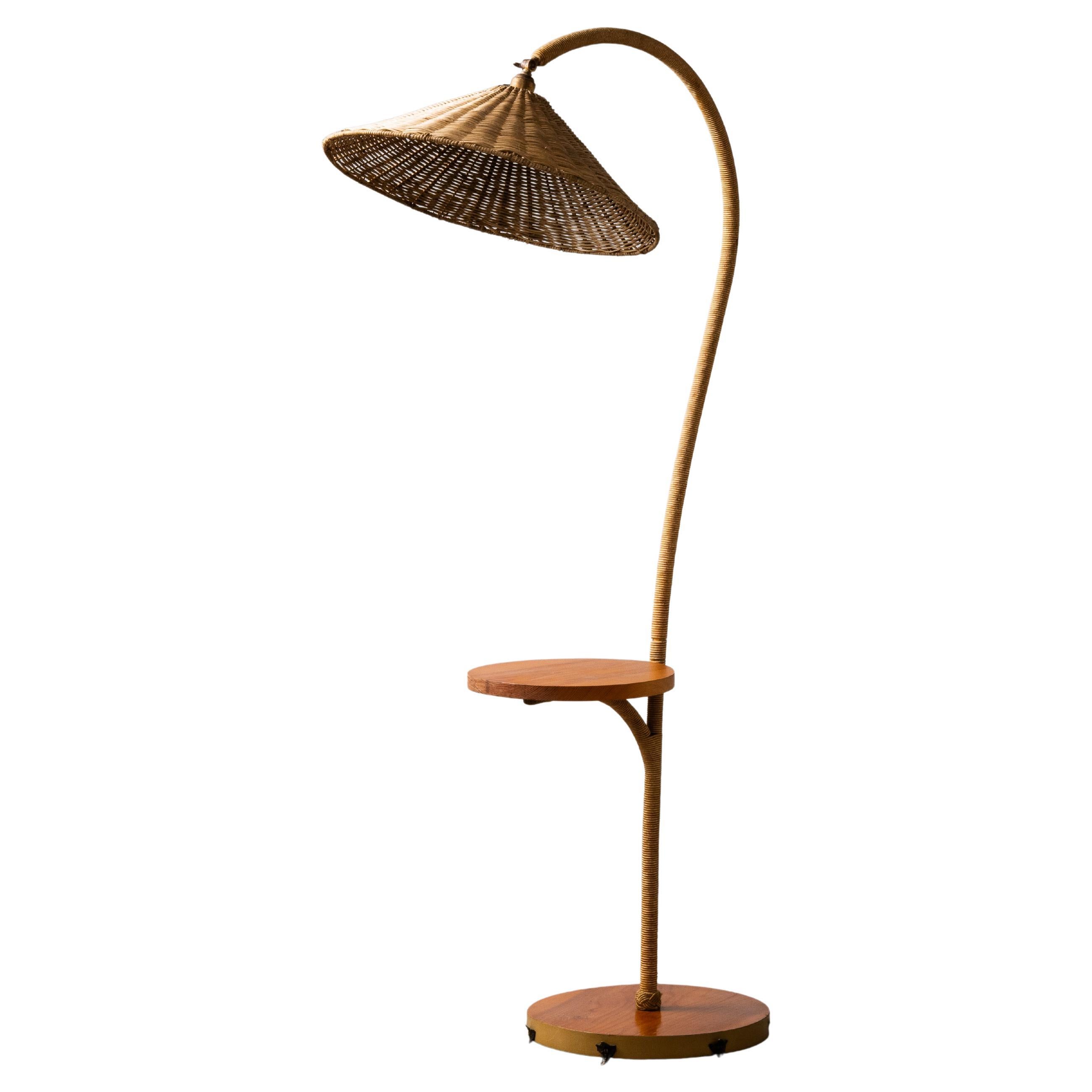 Art Deco Brass, Cord and Elm Floor Lamp with Integrated Table, Sweden, 1930s