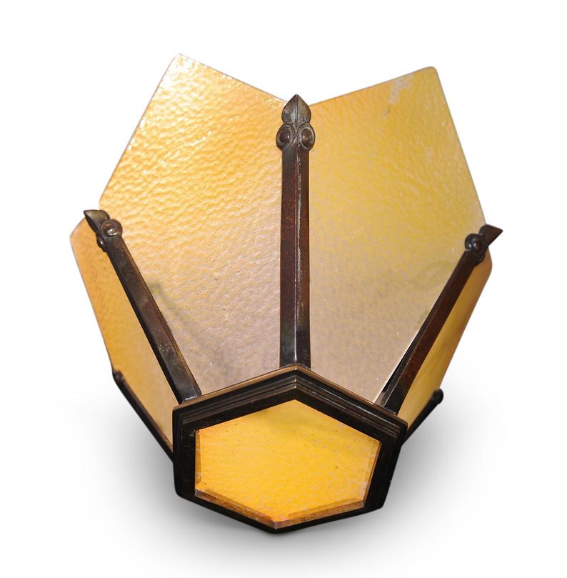 Art Deco brass crown shaped pendant light with original ornamental hanging chains and ochre yellow frosted glass panes.

 