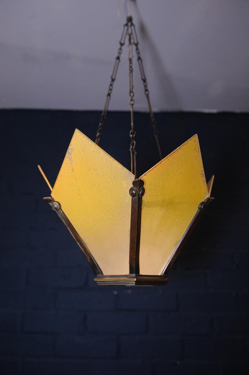 20th Century Art Deco Brass Crown Shaped Pendant Light with Original Ornamental Hanging Chain For Sale