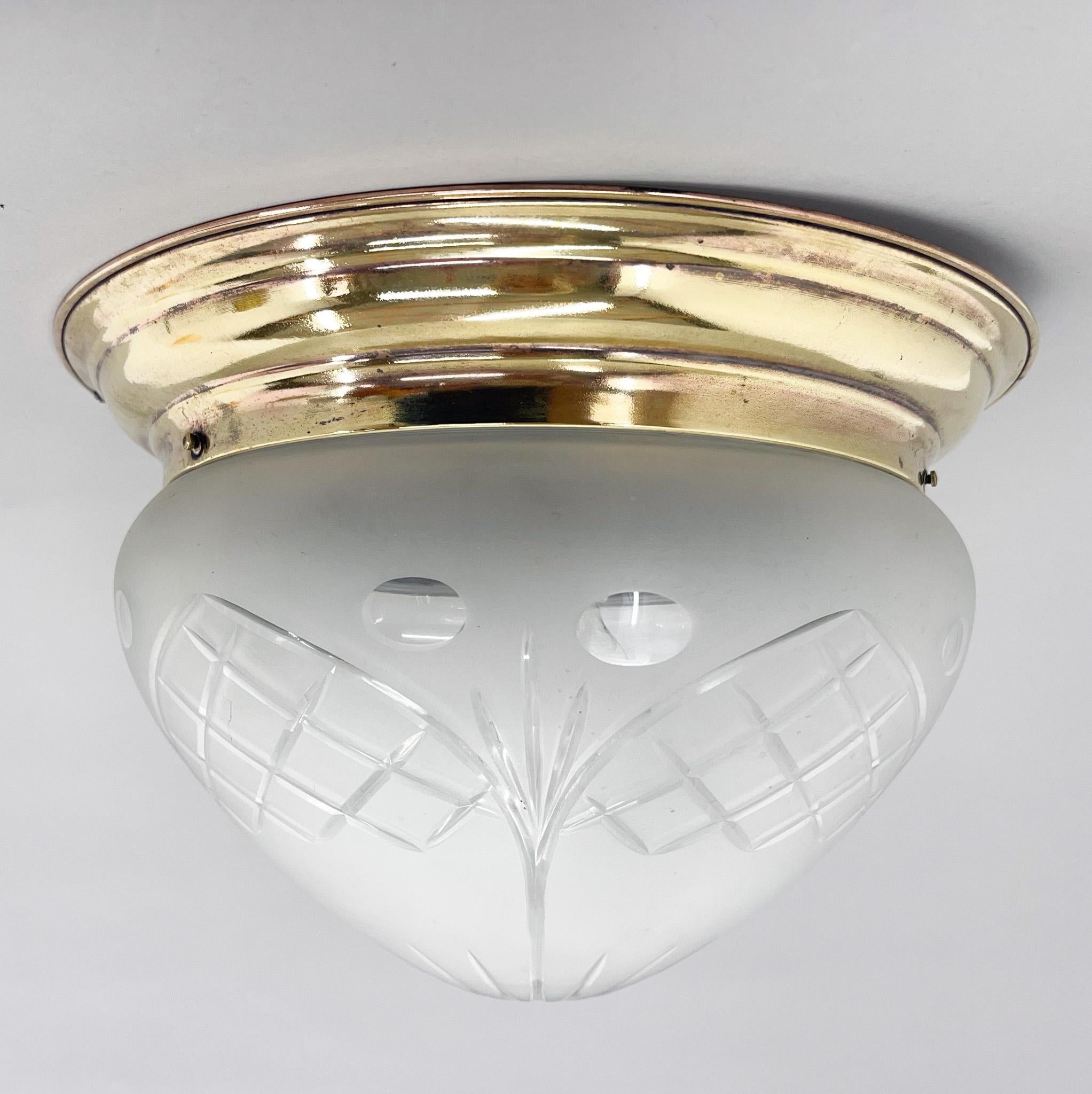 Beautiful ceiling lamp with brass base with patina and cut glass shade. Rewired, US wiring compatible.